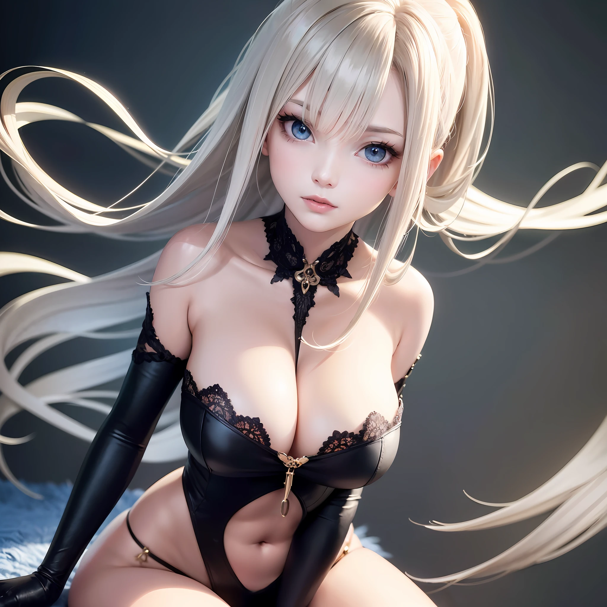 Super beautiful woman, mysterious beauty, light gray flowing layered shoulder length hair, bright gold sharp slit eyes, seductive appearance, sexy pose, huge breasts, slender whole body, covered with fluffy feather rug, animated, high resolution, top quality, super high quality, super detail, ultra realistic, photorealistic