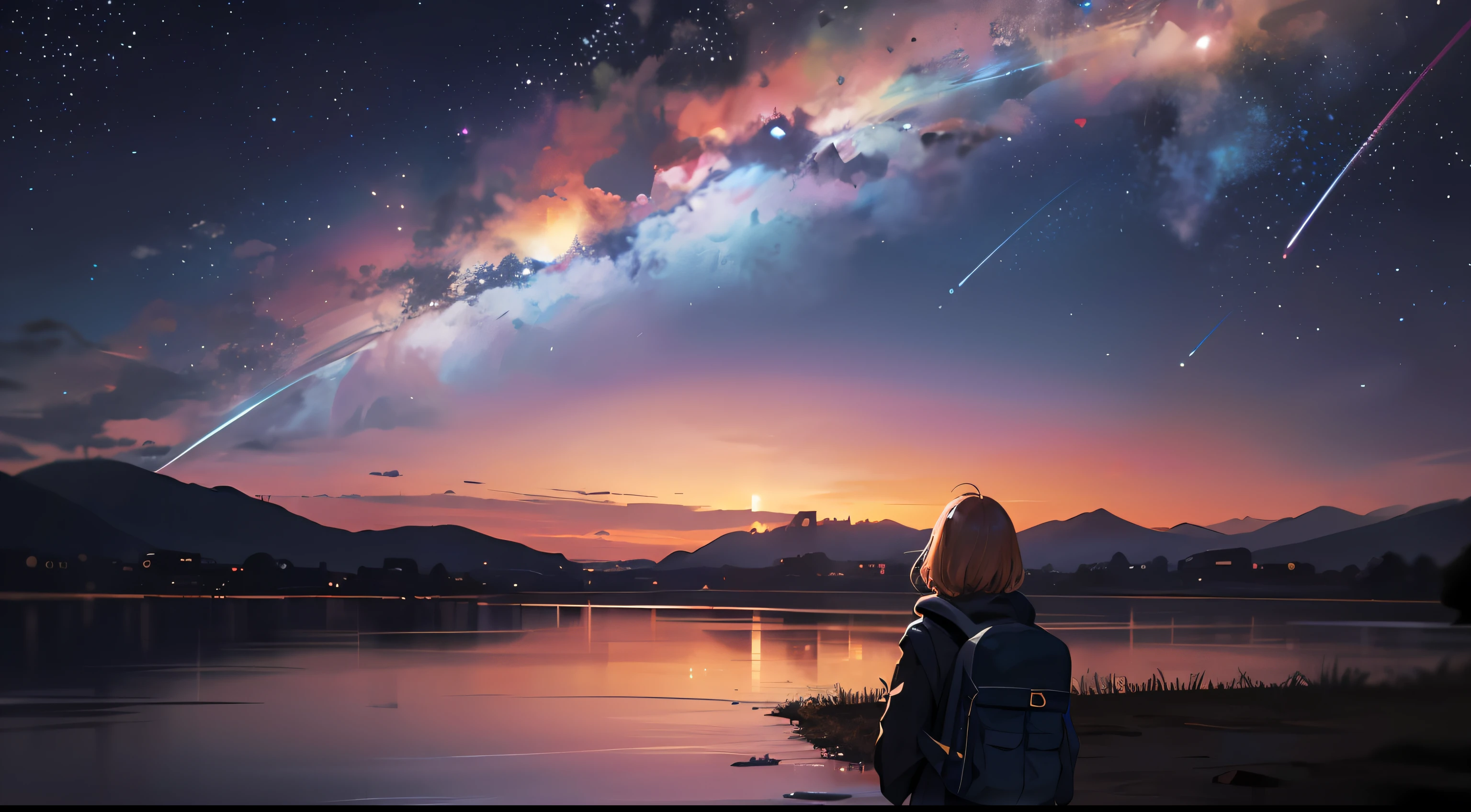 {{{masterpiece}}}, {{{best quality}}}, {{ultra-detailed}}, {illustration}, {{an extremely delicate and beautiful}}, 8k quality, beautiful milky way, night sky, wide sky, mysterious, deep sky, falling sky, traveling girl, rucksack, back view, Girl looking at night sky, in the middle of the journey, 8k, morning is near, the sky is about to be swallowed, the morning is near, the night is over, the beginning is near, deep darkness, cinematic, mysterious, fantastic, beautiful, wide angle lens, golden ratio, calm arrangement, deep color, impressive, full of starry sky, city lights in the distance,