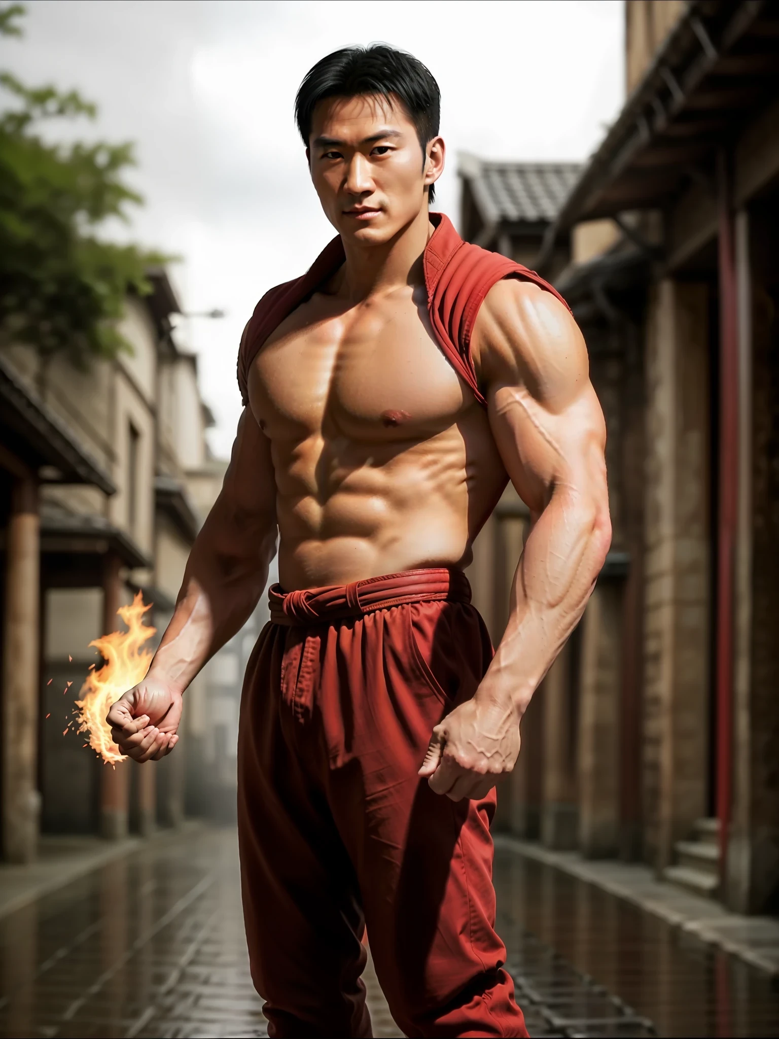 Create an image of Liu Kang from Mortal Kombat full body with super strong body Skinny who is a super handsome Japanese and with his right hand coming out of the palm fire with symbol of a dragon of Mortal Kombat a Super realistic image in 8k with blurry background raining on him a rainwater a super beautiful fighting pose