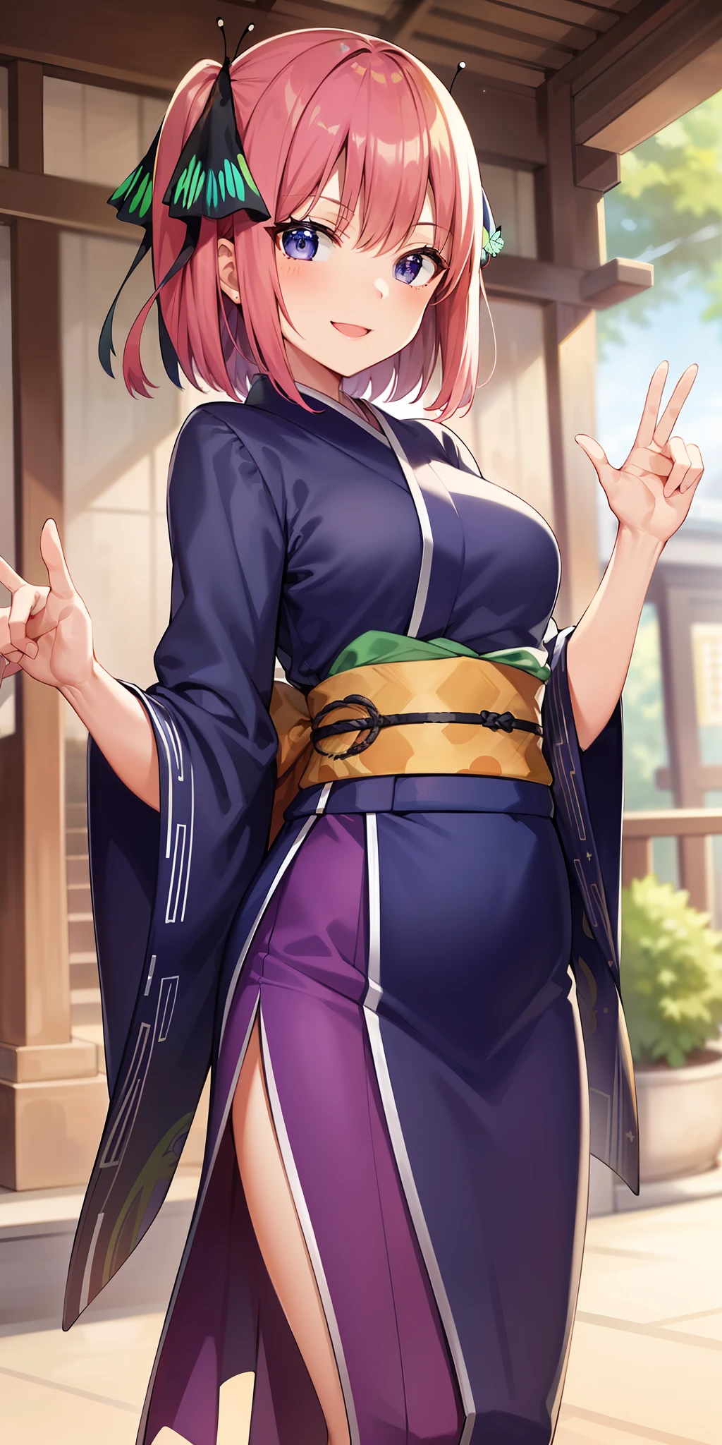 2d, masterpiece, best quality, anime, highly detailed, 1girl, solo, cowboy shot, nakano nino, pink hair, butterfly hair ornament, japanese clothes, purple kimono, medium breasts, smile, east asian architecture