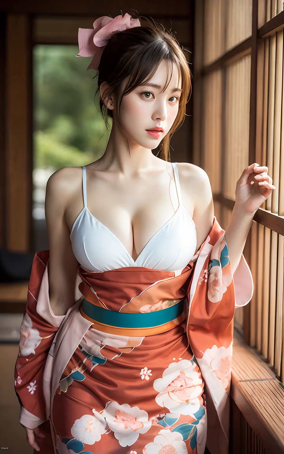 Highly detailed CG Unity 8k wallpaper, top quality, super detailed, masterpiece, realistic, photo realistic, very detailed cute girl, 25 years old, blush,, round eyes, medium breasts, looking viewer, half body shot , kimono, room , short ponytail