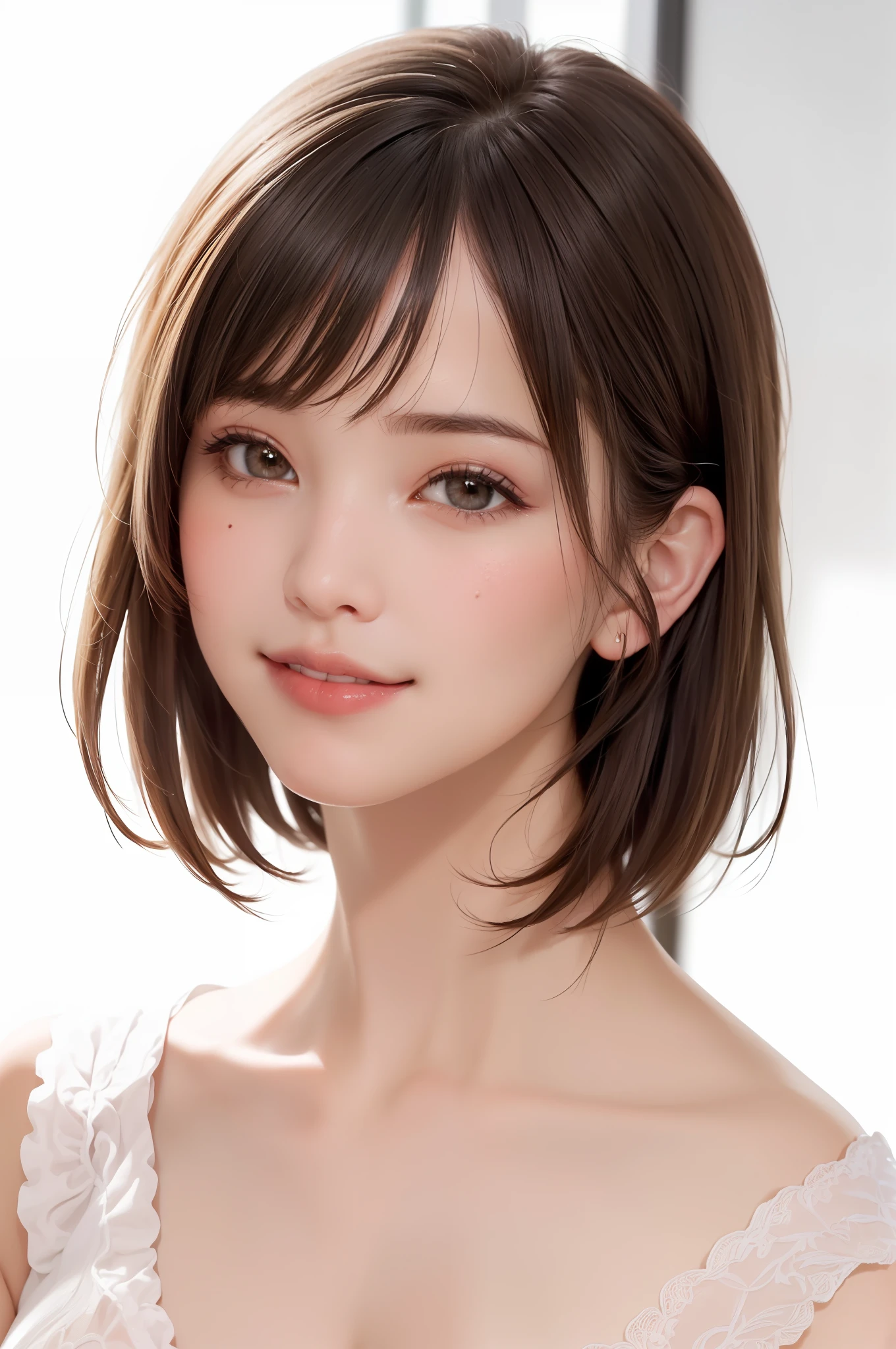 (((showpiece, top quality, high precision)), one girl, (big breasts, photorealistic: 1.4), ((slightly above also look up the camera, look up at the camera, look up, look up at the camera))), solo, , white background, snow-white background, close mouth, happy smile, smile happily, pretty black hair, short hair, Big eyes, pronounced double eyelids, eyelashes, ears out, long neck, long neck, absolute area, ((face close-up, short hair with bangs)), 19 years old, attractive proportions, shiny skin, clean collarbone, golden ratio face, perfect face, teary mole, mole on the chest, bangs, clean bangs, beautiful bangs, lip gloss, thin lips, white skin, undressed, big breasts, small face, small face, staring at the camera slightly upwards, ((facing the camera and smiling a little, snow-white background with really nothing, close-up on the face, huge, big breasts)),