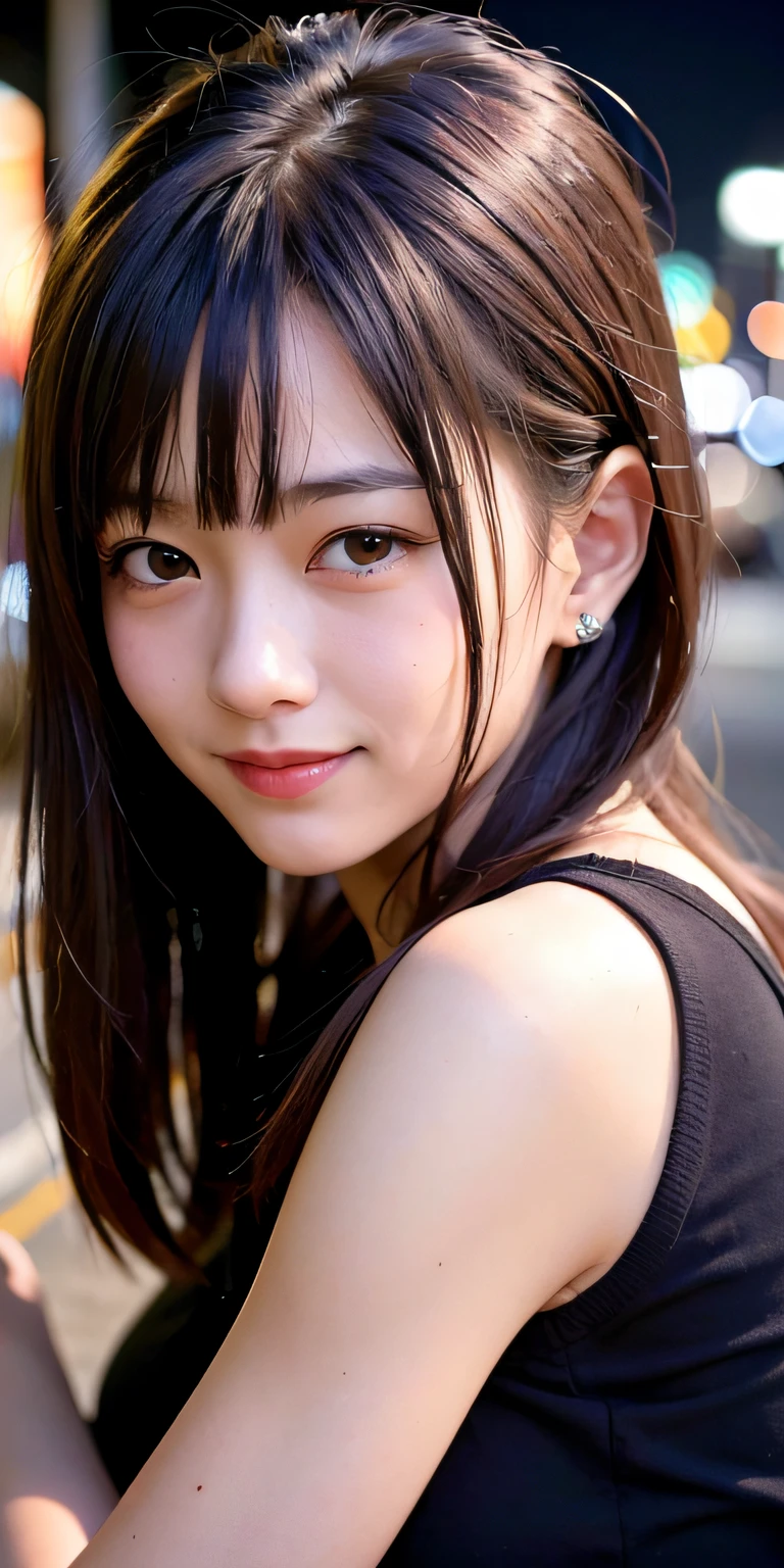 1girl, Tokyo street,night, cityscape,city lights,upper body,close-up,smile,, (8k, RAW photo, best quality, masterpiece:1.2),(realistic, photo-realistic:1.37),