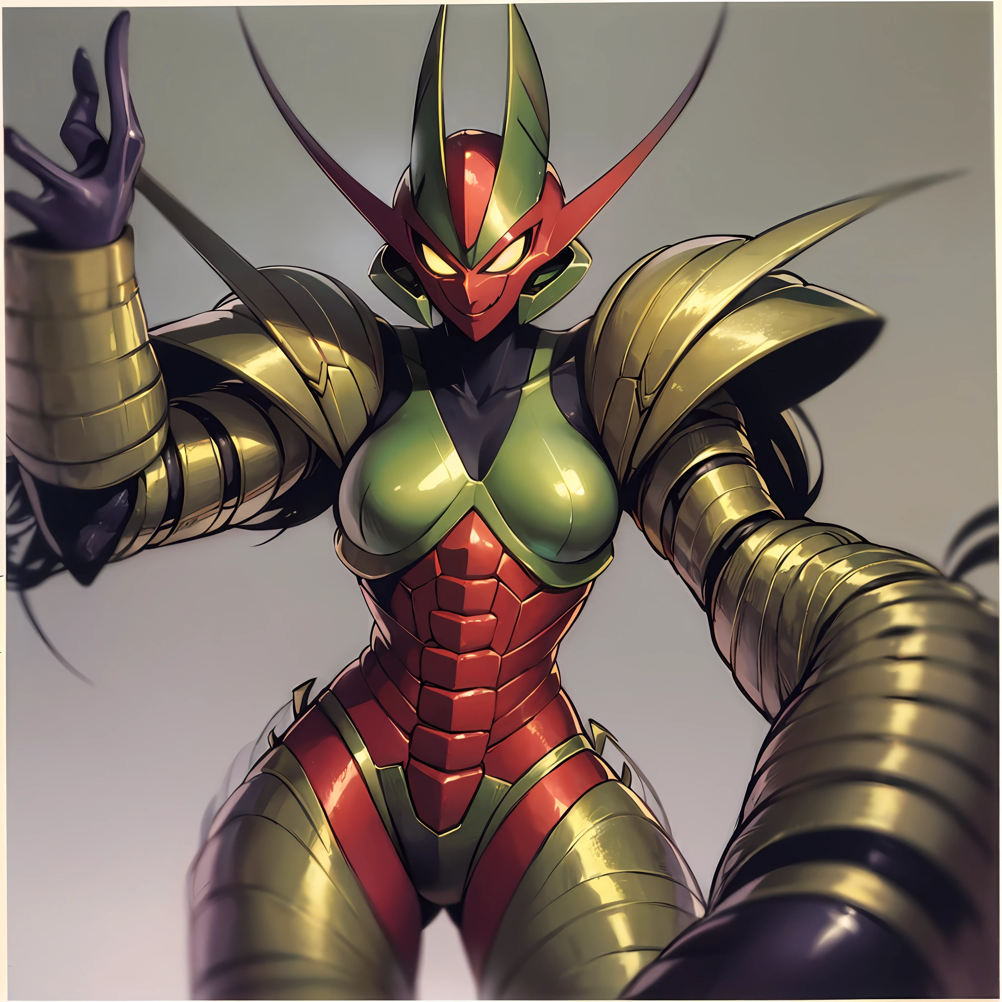 Hot insect crustacean woman, Guyver style, evil smile, scaraber reploid, bellows tail, cel shade adult animation, alien queen,
