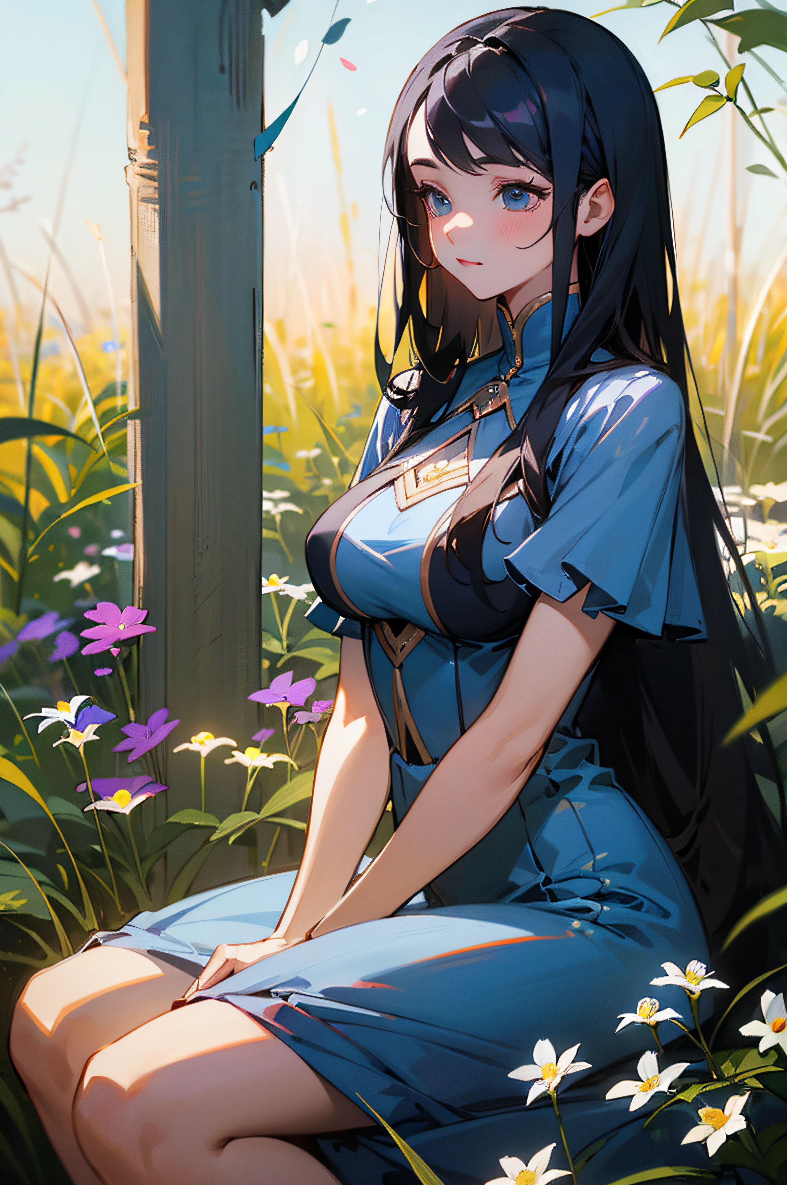(masterpiece, best quality),1girl with long black hair sitting in a field of flowers, her hand under her underboob, warm lighting, blue sexy dress