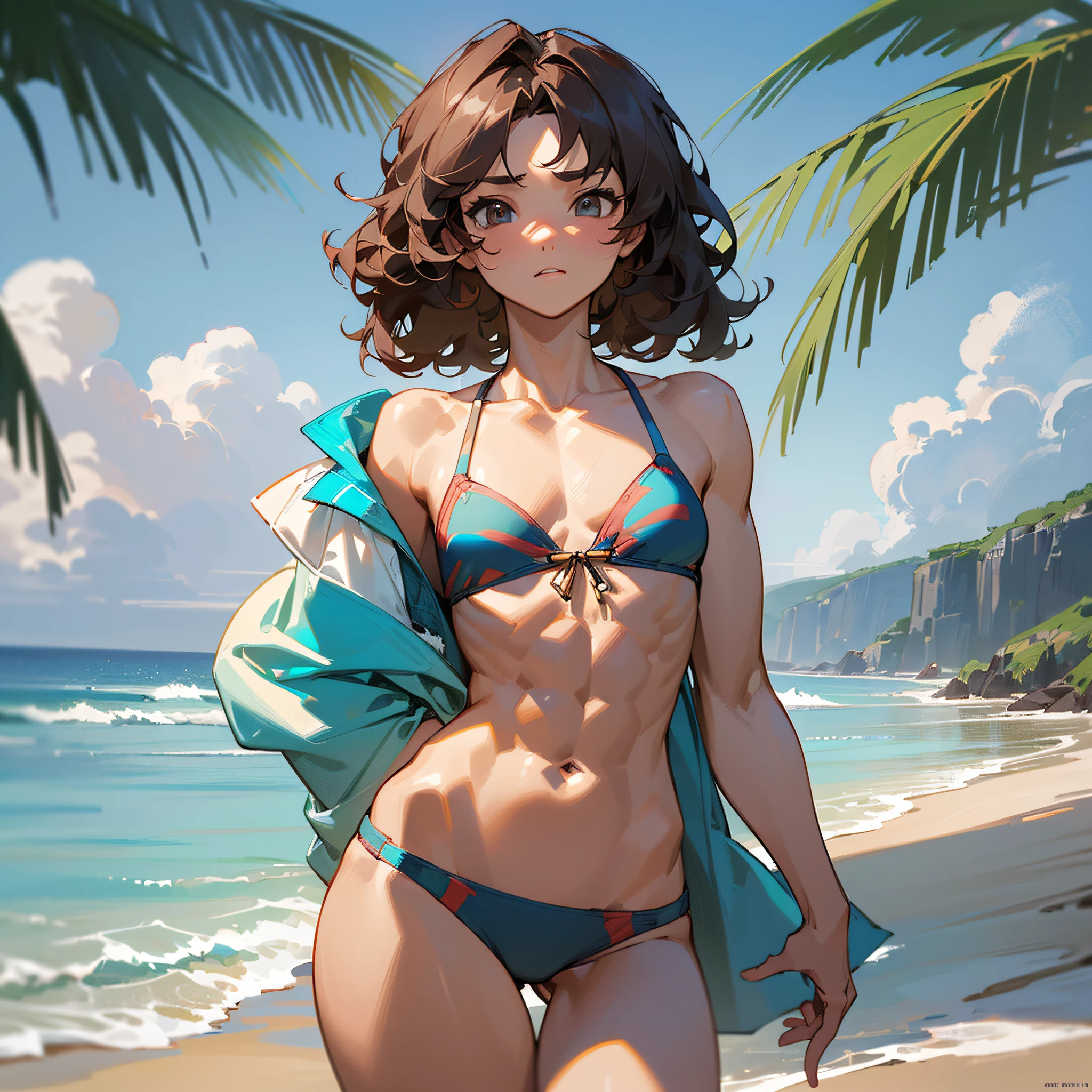 ((medium chest, tomboy, small head)), (chiselled abs: 1.1), ((Beach clothes)), (perfect body: 1.1), (short wavy hair: 1.2), curly hair, full body shot, (extremely detailed CG 8k wallpaper), (an extremely delicate and beautiful one), (masterpiece), (best quality: 1.0), (ultra highres:1.0) --auto --s2