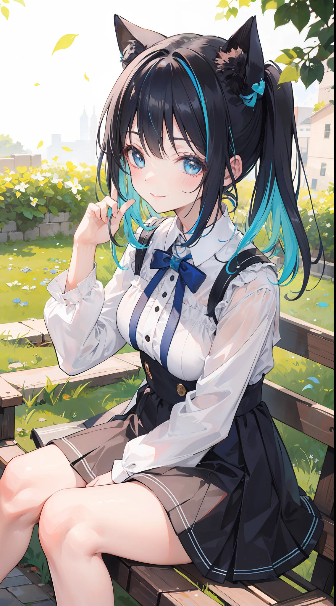 In the yard you can see a girl sitting with a happy smile and wink eyes, her cheeks are chubby, her hair is colorful, her eyes are also colorful