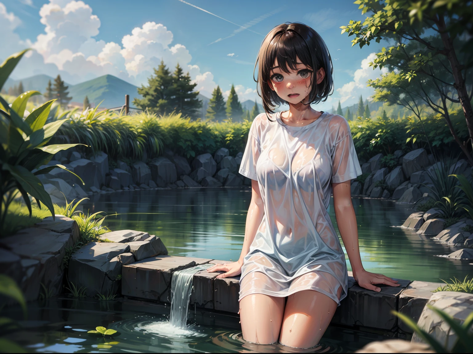 Naked white t-shirt, wet and see-through, cute, embarrassed, thighs,, waterside