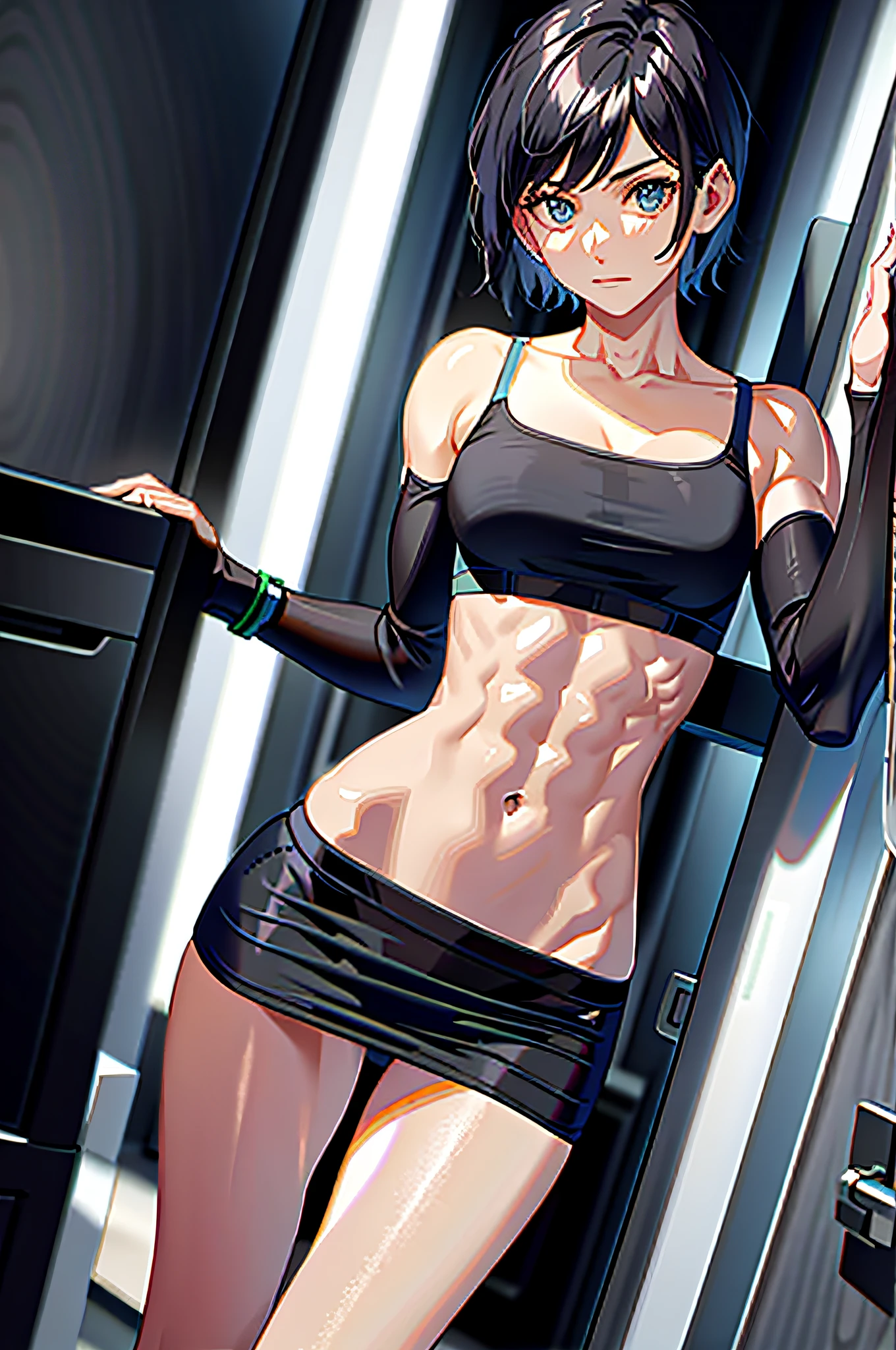 thin woman. short hair. muscular. underwear.