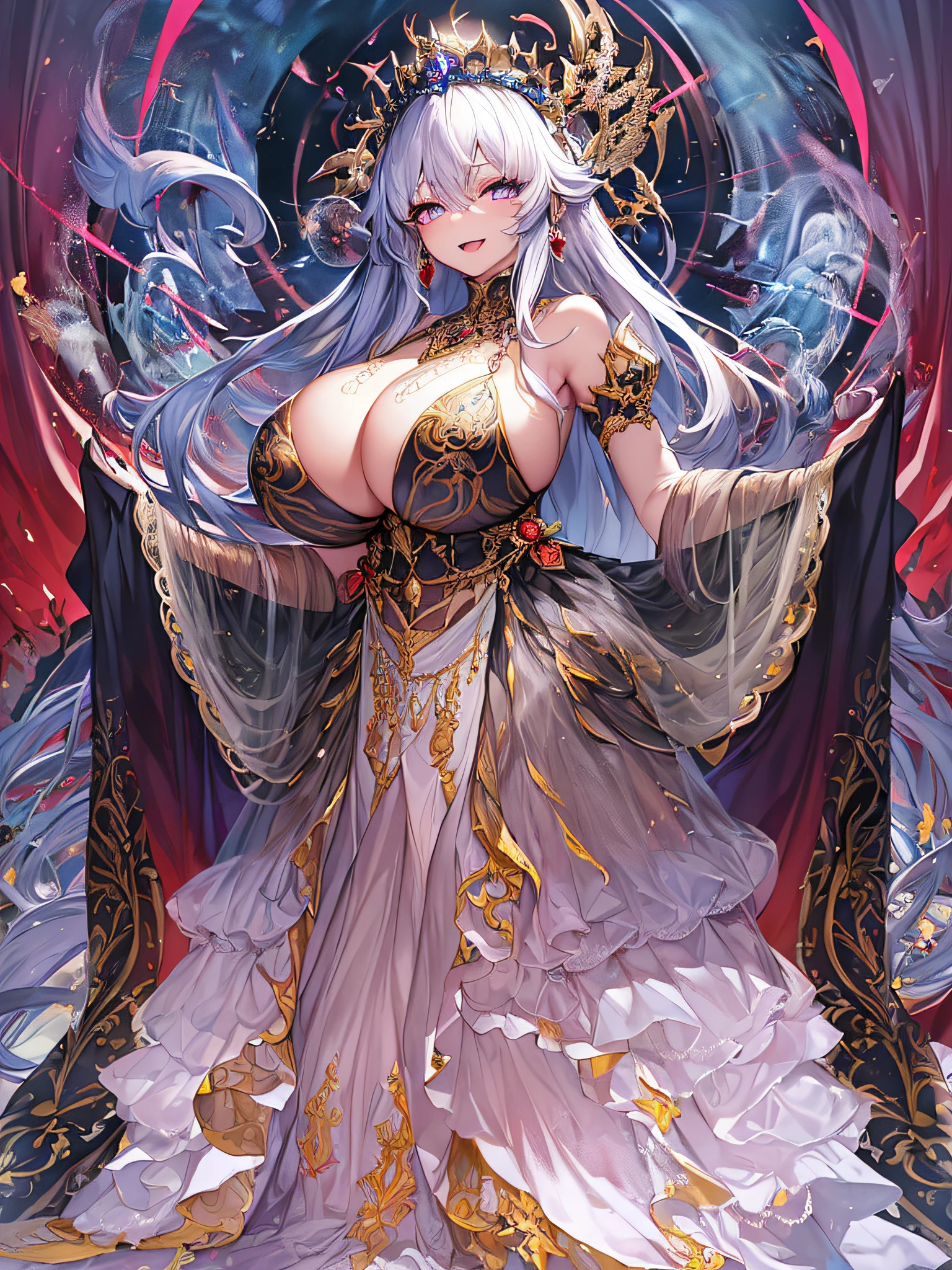 ((anime artstyle)),(Masterpiece),(Best Quality), (Super Detail),Illustration,((Very Delicate and Beautiful)),Focus on character,Dynamic Angle,Looking at viewer,((Solo)),standing,(((full body))),((one evil and cute princess in gorgeous ball gown with voluminous skirt)),detailed face and eyes,(Wicked laugh),jewel-like eyes,((Very Long voluminous Hair)),gorgeous embroidery and lace,See-through,ornate ruffles,Gorgeous jewelry ornaments,luxury hair ornament,luxury and evil tiara with jewels,(gigantic breasts,Long breasts),full body,((evil atmosphere)),((gorgeous and evil ball gown with voluminous skirt))