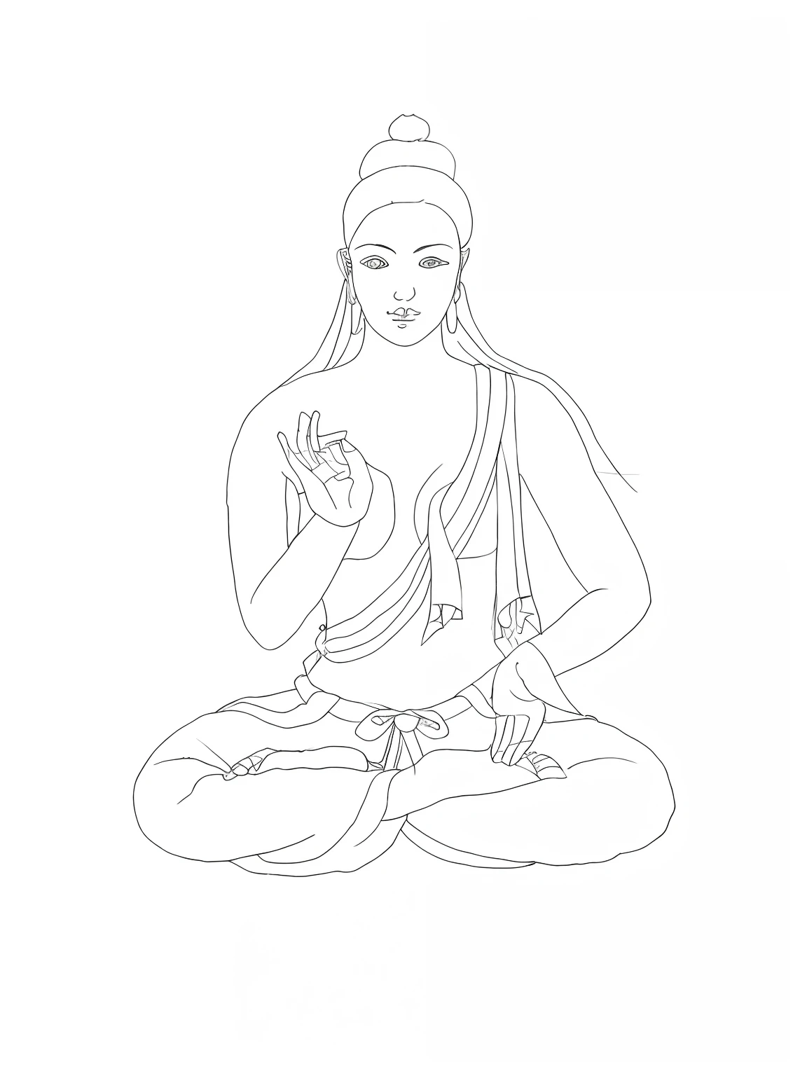 A drawing of a beautiful woman sitting in a lotus pose, bunched hair shawl, Anjali mudra, sukasana, silhouette drawing, line painting, line art, single line painting, meditation pose, bodhisattva, inspired by Tanahara Tani Soda, simple line art, inspired by the temple of Trinity Kiyama