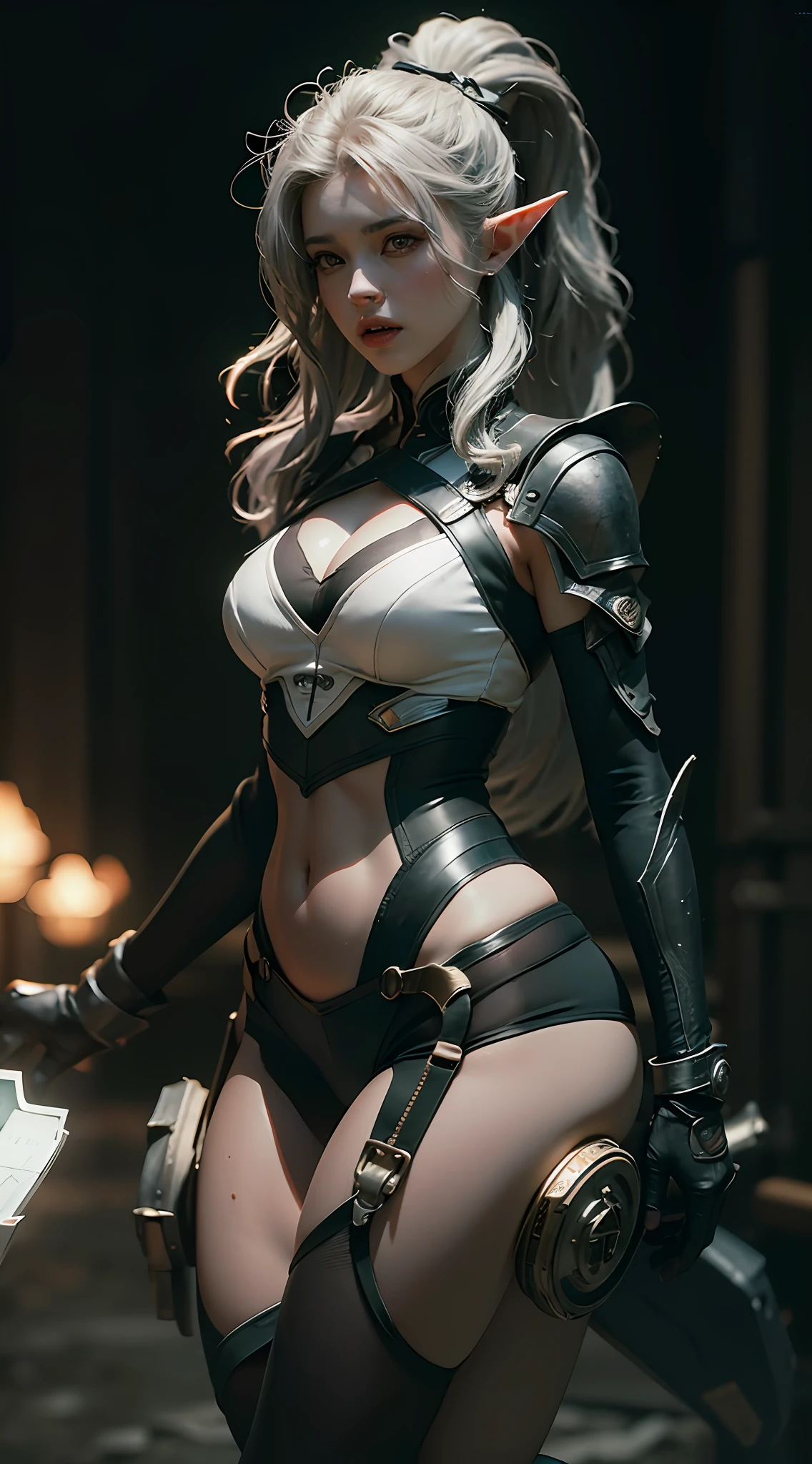 ((Best Quality)), ((Masterpiece)), (Details: 1.4), 3D, A Beautiful Elven Female Figure, (Tights: 1.4) (Silver Hair, High Ponytail: 1.4) (Western European Fantasy Background: 1.4) (Fantasy Wind) HDR (High Dynamic Range), Ray Tracing, NVIDIA RTX, Super-Resolution, Unreal 5, Subsurface Scattering, PBR Texture, Post-processing, Anisotropic Filtering, Depth of Field, Maximum Clarity and Clarity, Multi-layer Textures, Albedo and Specular Mapping, Surface Coloring, Accurate Simulation of Light-Material Interactions, Perfect Proportions, Octane Render, Bicolor Light, Large Aperture, Low ISO, White Balance, Rule of Thirds, 8K RAW,