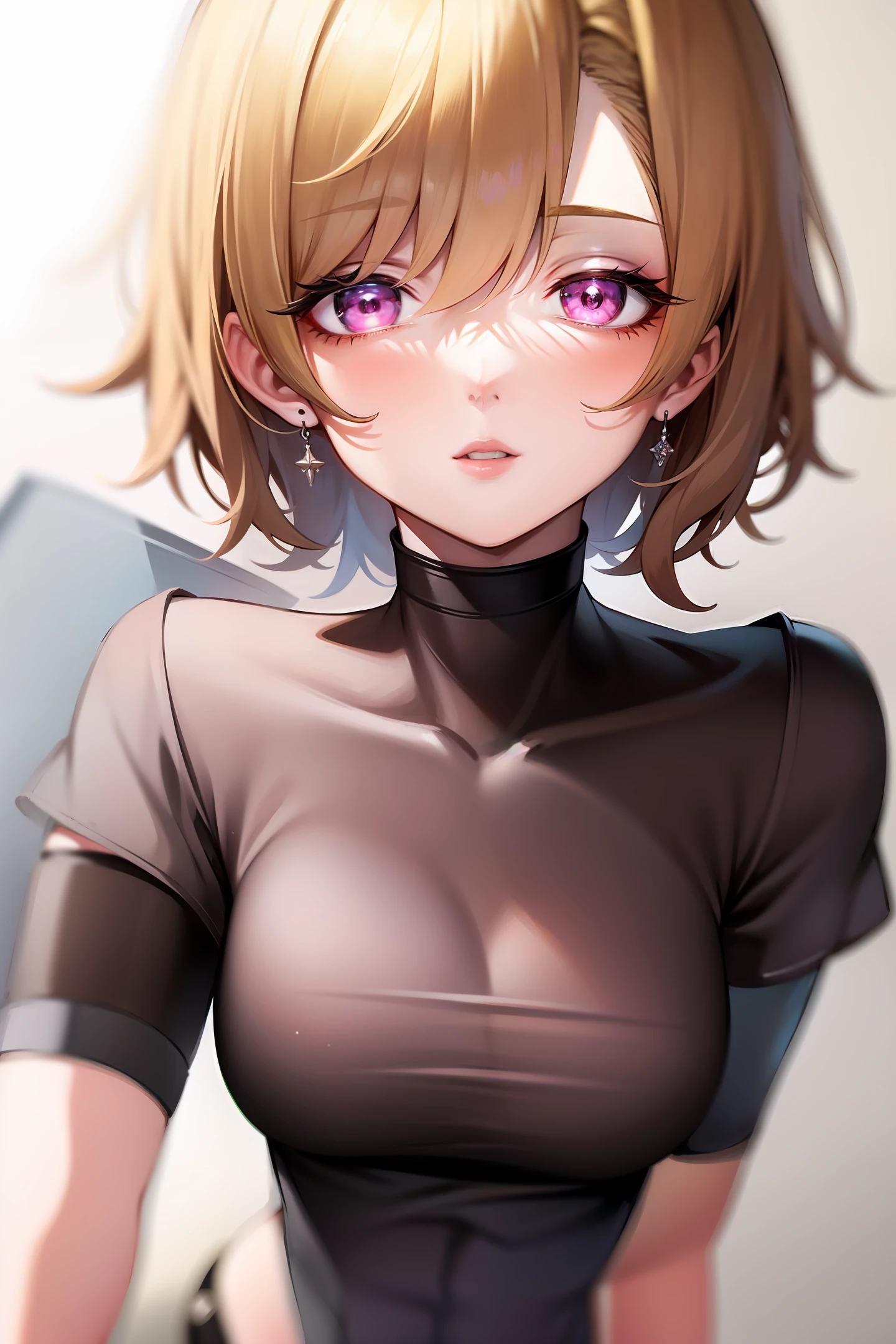 Blonde short hair, pink sharp eyes, silver earring in left ear, black choker, adult woman
