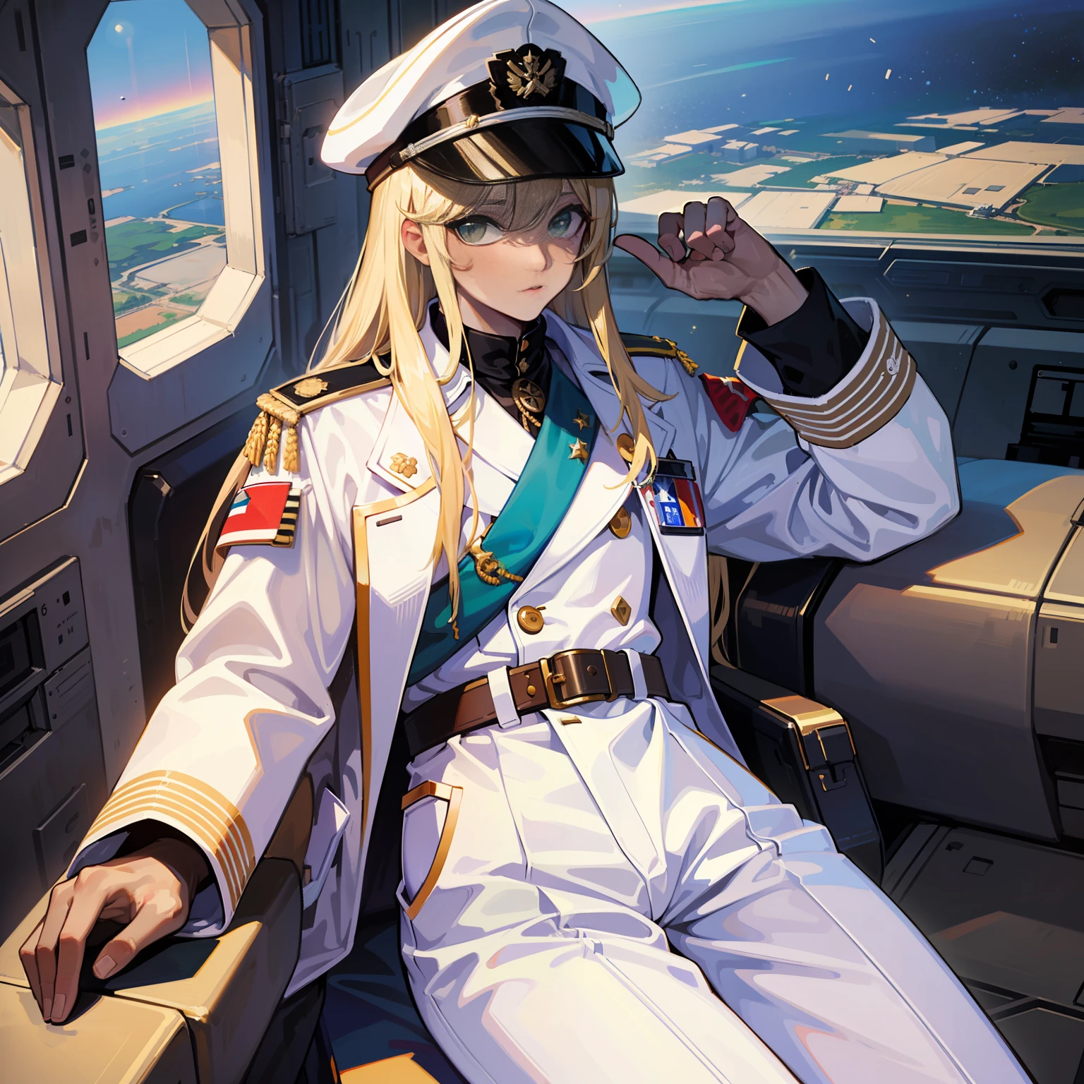 ((Masterpiece)), ((highest image quality)), ((highest image quality)), (illustration of one boy), full body, 20 years old, (beautiful boy)), (man's daughter), (neutral), (((thin blonde long hair, bangs)), pale green eyes, (brown skin)), ((brown skin)), (military uniform)), (military hat)), ((army coat)), (white clothes), (white pants), (white hat), (white hat), Trench Coat, ((Inside the Spacecraft)), (Outside the Window, Space, Earth as seen from space, Spaceport)