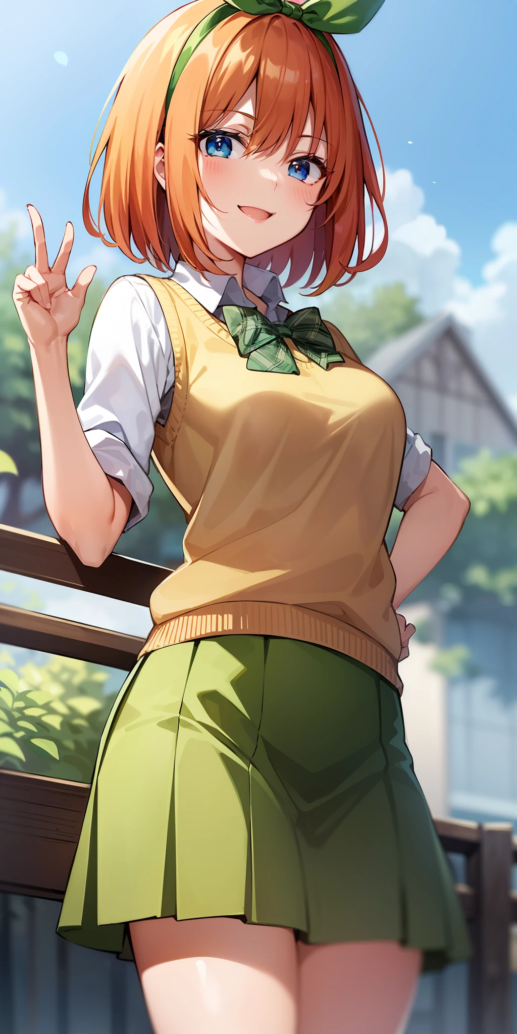 2d, masterpiece, best quality, anime, highly detailed, 1girl, solo, cowboy shot, nakano yotsuba, orange hair, hair bow, green bowtie, yellow sweater, collared shirt, green skirt, miniskirt, medium breasts, standing, school, outdoors, smile