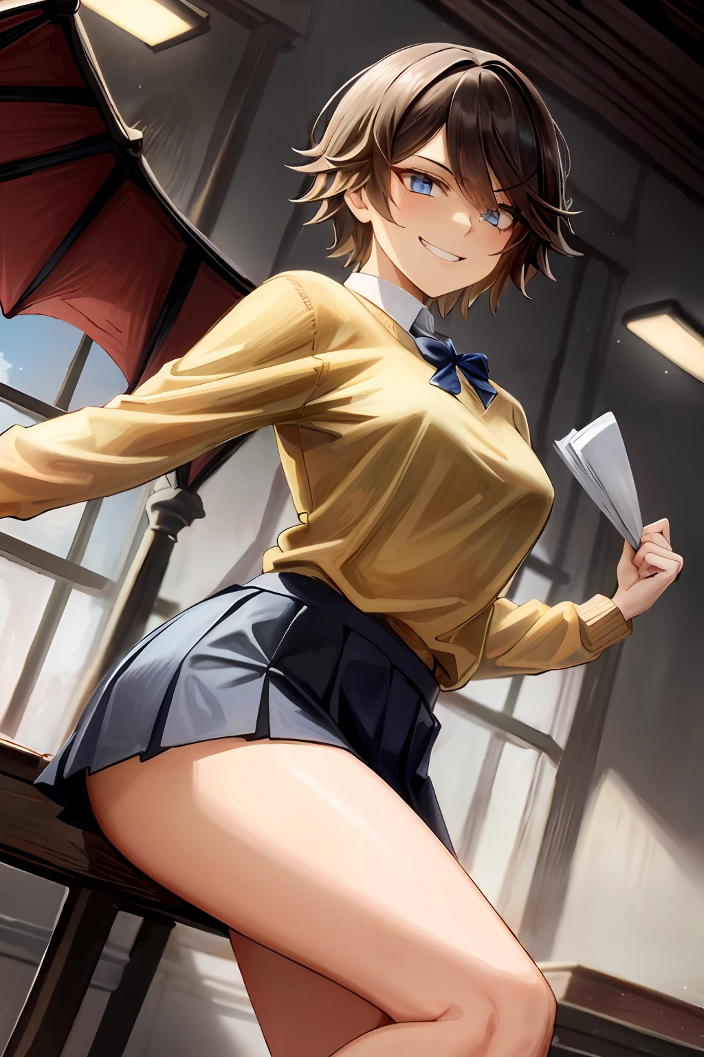 Masterpiece, Top Quality, High Definition, Masterpiece, Adult Woman, Single, Yellow Sweater, Long Sleeve Sweater, Pleated Miniskirt, Black Miniskirt, Short Hair, Evil Smile, Golden Hair, Bat Feathers, Evil Smile, Evil Plan, School Uniform, Uniform, Blue Eyes, Prison