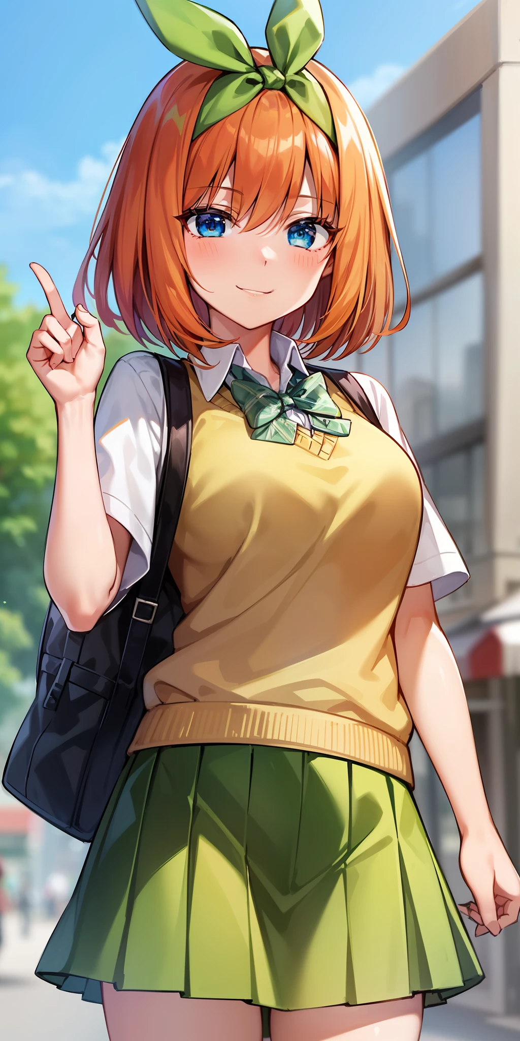 2d, masterpiece, best quality, anime, highly detailed, 1girl, solo, cowboy shot, nakano yotsuba, orange hair, hair bow, green bowtie, yellow sweater, collared shirt, green skirt, miniskirt, medium breasts, standing, school, outdoors, smile