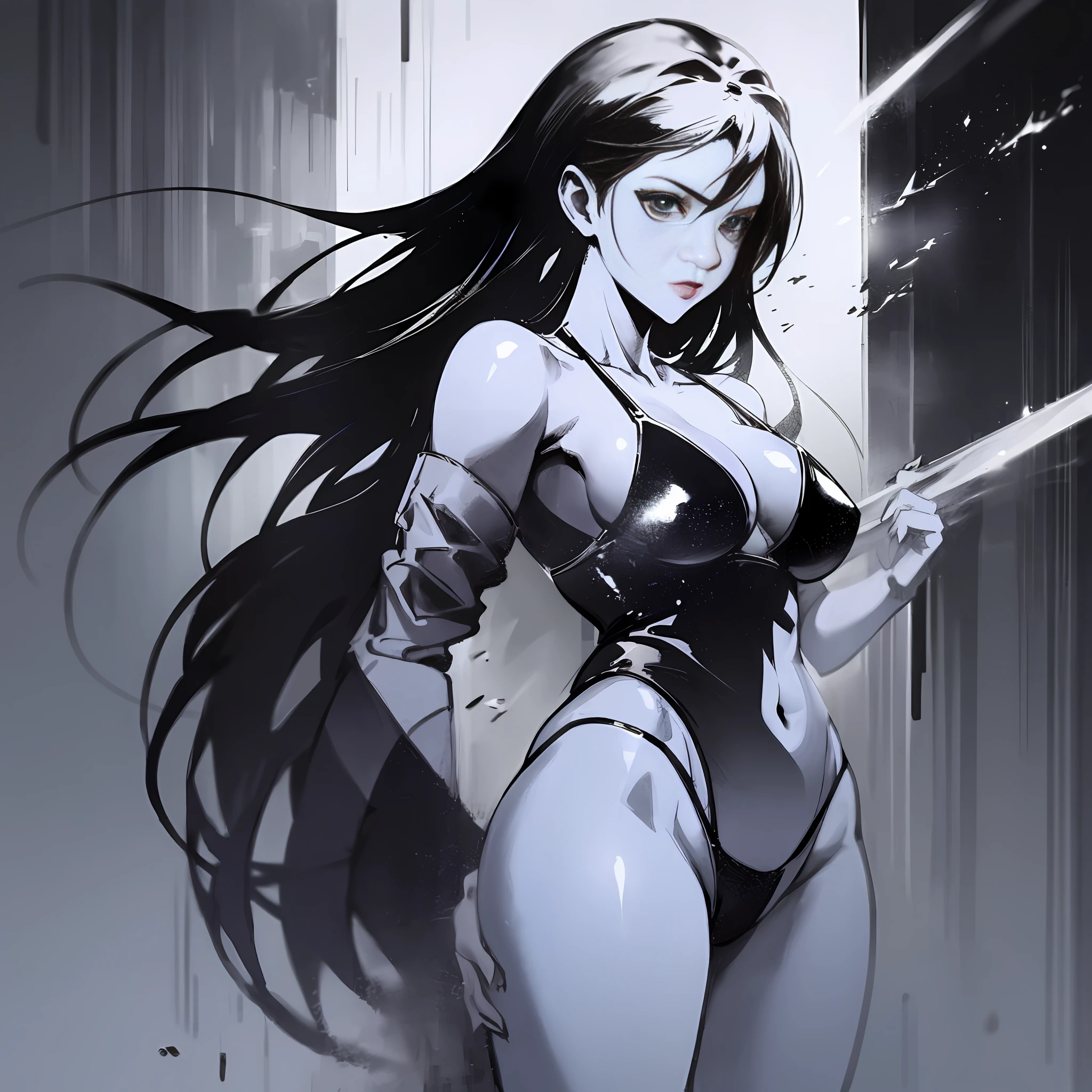Masterpiece, Yuji Shinkawa, great Japanese master anime works, Japanese manga master works, black and white manga, grayscale, realistic night scene, a girl in leather tight bikini standing in the night, full body, sexy girl, slim figure, big breasts, long legs, sexy slender legs, movie lighting, light and shadow tracking, movie composition, full body movement, top illustration art