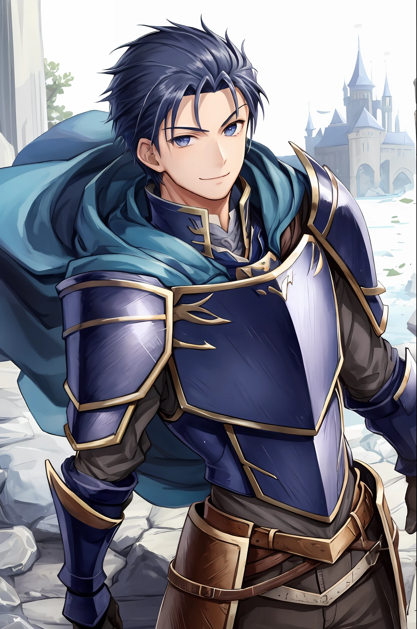 hector fe, solo, looking at viewer, smile, gloves, 1boy, male focus, cape, armor, shoulder armor, castle scenery
