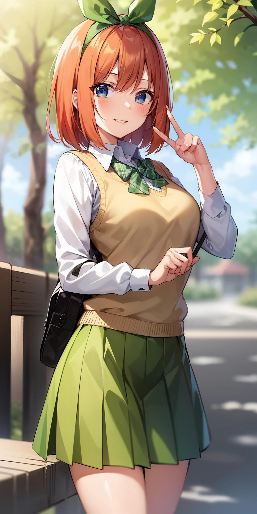 2d, masterpiece, best quality, anime, highly detailed, 1girl, solo, cowboy shot, nakano yotsuba, orange hair, hair bow, green bowtie, yellow sweater, collared shirt, green skirt, miniskirt, medium breasts, standing, school, outdoors, smile