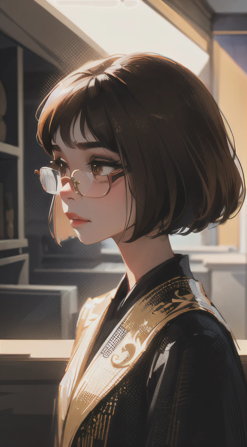 Sam Yang, (((1girl))), one girl named Phoebe, Volumetric lighting, solo, portrait, very detailed skin, (detailed skin:1.2), (blunt bang + brown hair + very detailed bobcut:1.3), glasses, red eyes, triangle face shape, closed mouth, using magic, gold flowing magic effects, magic around her, flowing black silk robe, golden embroidery, golden belt, dynamic pose, confident look, gold jewelry. soft shadows, hard shadows, light on face, SamDoesArts style, shadow, solo, upper body, Magic teacher outfit, intelligence, wisdom, knowledge, power, 20 years old, blurry background, depth, old room background, beautiful face, perfect skin, beautiful detailed girl, detailed fingers, extremely detailed eyes and face, ((glasses)), beautiful detailed nose, beautiful detailed eyes with glasses, long eyelashes, pureerosface_v1:0.5, depth of field, cinematic lighting, ((masterpiece)), UHD, masterpiece, 8k