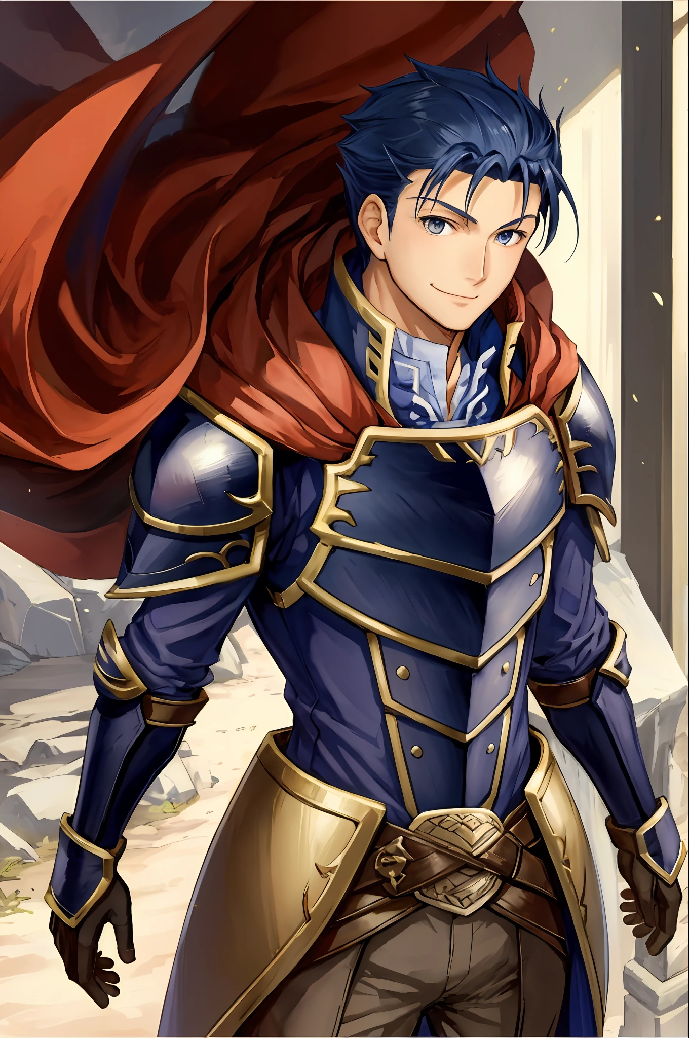 hector fe, solo, looking at viewer, smile, gloves, 1boy, male focus, cape, armor, shoulder armor, castle scenery