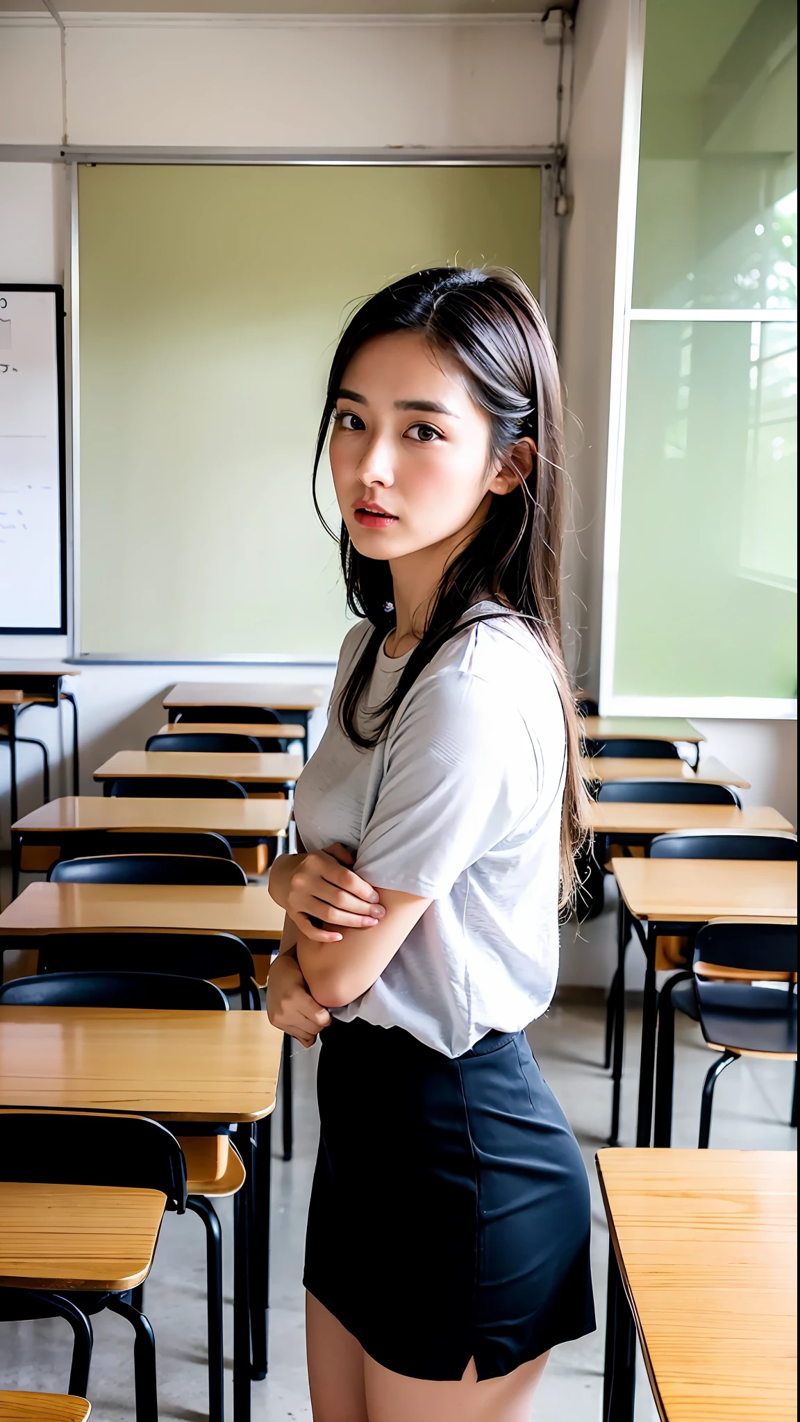 (Best quality, 8k, 32k, Masterpiece, UHD:1.2), Photo of Pretty Japanese woman, female teacher, 24-year-old, slender, (((small breasts))), sweaty skin, chignon hair, full body shot, face focus, oversized white shirt, tight black skirt, in classroom, looking at viewer, blushing face