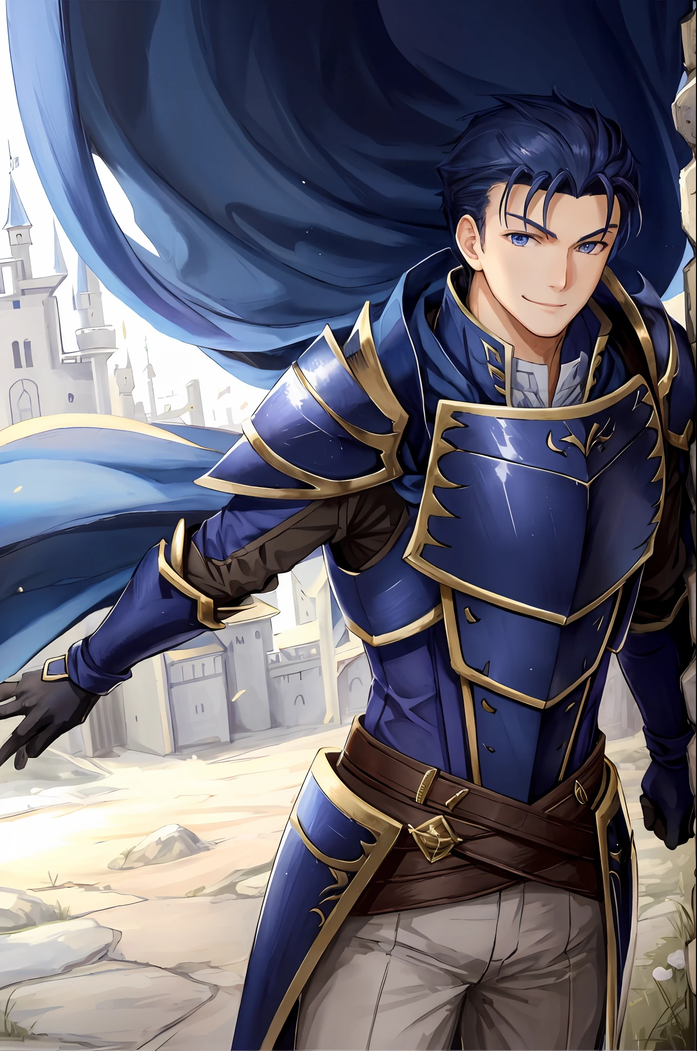 hector fe, solo, looking at viewer, smile, gloves, 1boy, male focus, cape, armor, shoulder armor, castle scenery