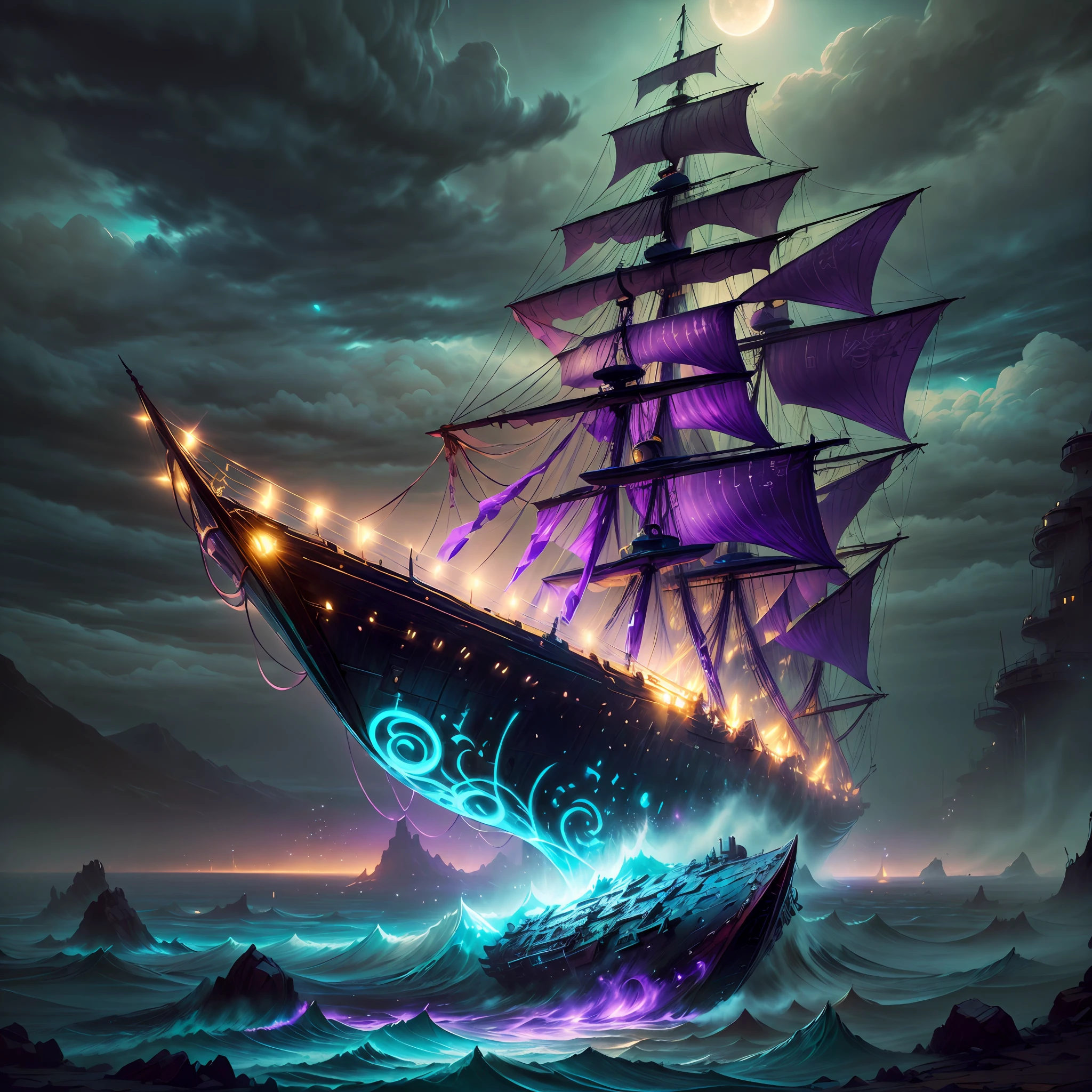Computer visualized graphics, realistic fantasy, Extensive landscape ultrasound photography (general view, which shows a huge wooden ship, sailing ship, with decks, 4 decks, stern, hold, + a lot of sails, + bow, + tank, + stern, + ut + decks
Horizontal platforms - decks, full moon, night sky, blurred background, warm, yellow, purple background, pink, warm, magic, "Hyper-realistic textures," "Precise details," "Realistic still life," "Realistic portraits," "Realistic landscapes." Watercolor Drawing, "Majestic mountains," "Hyper-realistic textures," Banksy, Liu Bolin, Ansel Adams, Yoshitaka Amano realistic fantasy, Extensive landscape ultra photography, blurred background, cool, turquoise hue, a bit of purple, airy color, magic, "Hyper-realistic textures," "Precise details," "Realistic still life," "Realistic portraits," "Realistic landscapes." Lit cityscapes,” “Starry skies,” “Moonlit landscapes,” “Night time portraits,” “Long exposures.”    “Emotive eyes,” “Intense gazes,” “Contemplative mood,” “Expressive gestures,” “Stylized poses”.
    16:9 --ar --auto