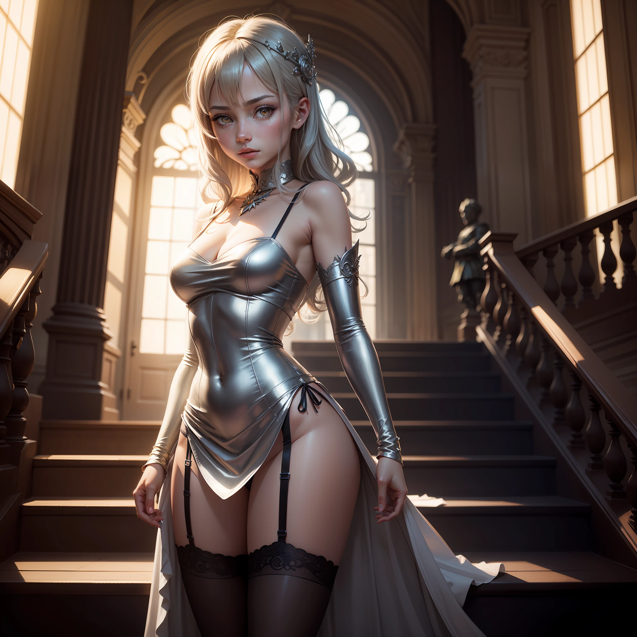 High quality realistic Anime style, high definition high quality realistic, shaded, Ray tracing, 8k, uhd, masterpiece, beautiful young girl,, small body, battle dress, shining silver middle sized hair, yellow eyes glowing, magical light from the eyes, battle dress with metal details , tight and short dress, garter belt with a knife, cold and emotionless expression, palace, fancy staircase behind, magical lights, the center figure with an magical aura
