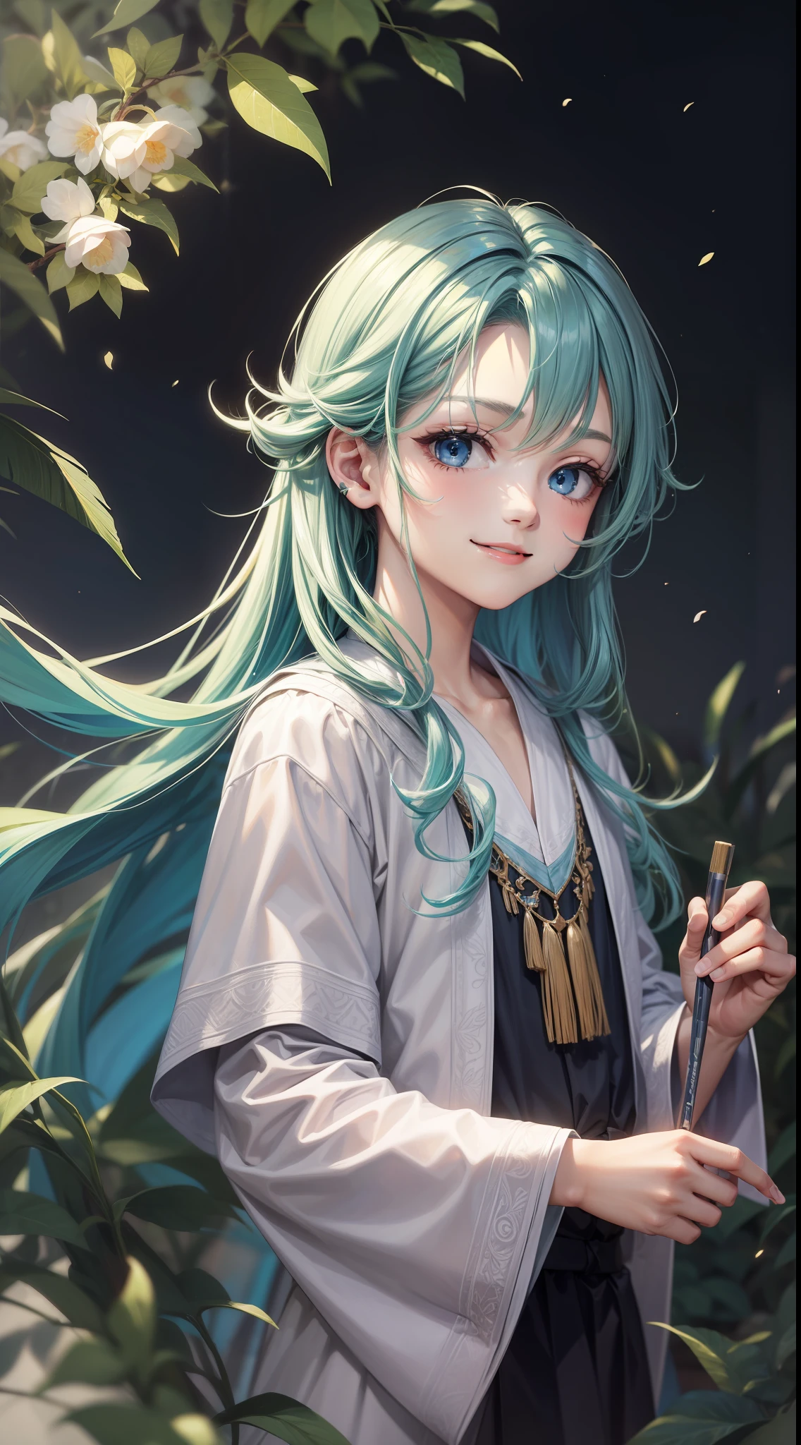 Young boy, long aquamarine hair, blue eyes, white artist robes, smile, brush, masterpiece, high quality