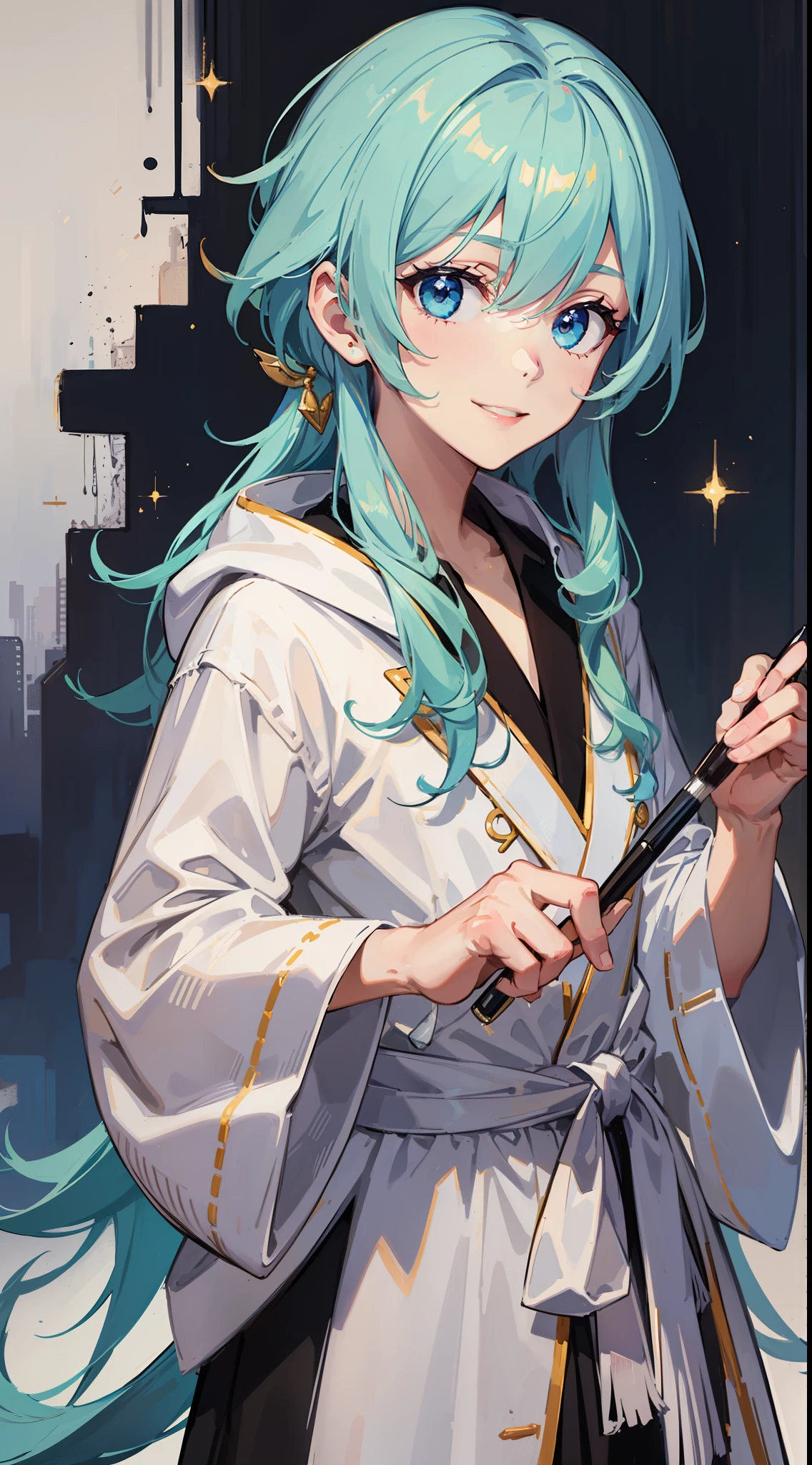 Young boy, long aquamarine hair, blue eyes, white artist robes, smile, brush, masterpiece, high quality