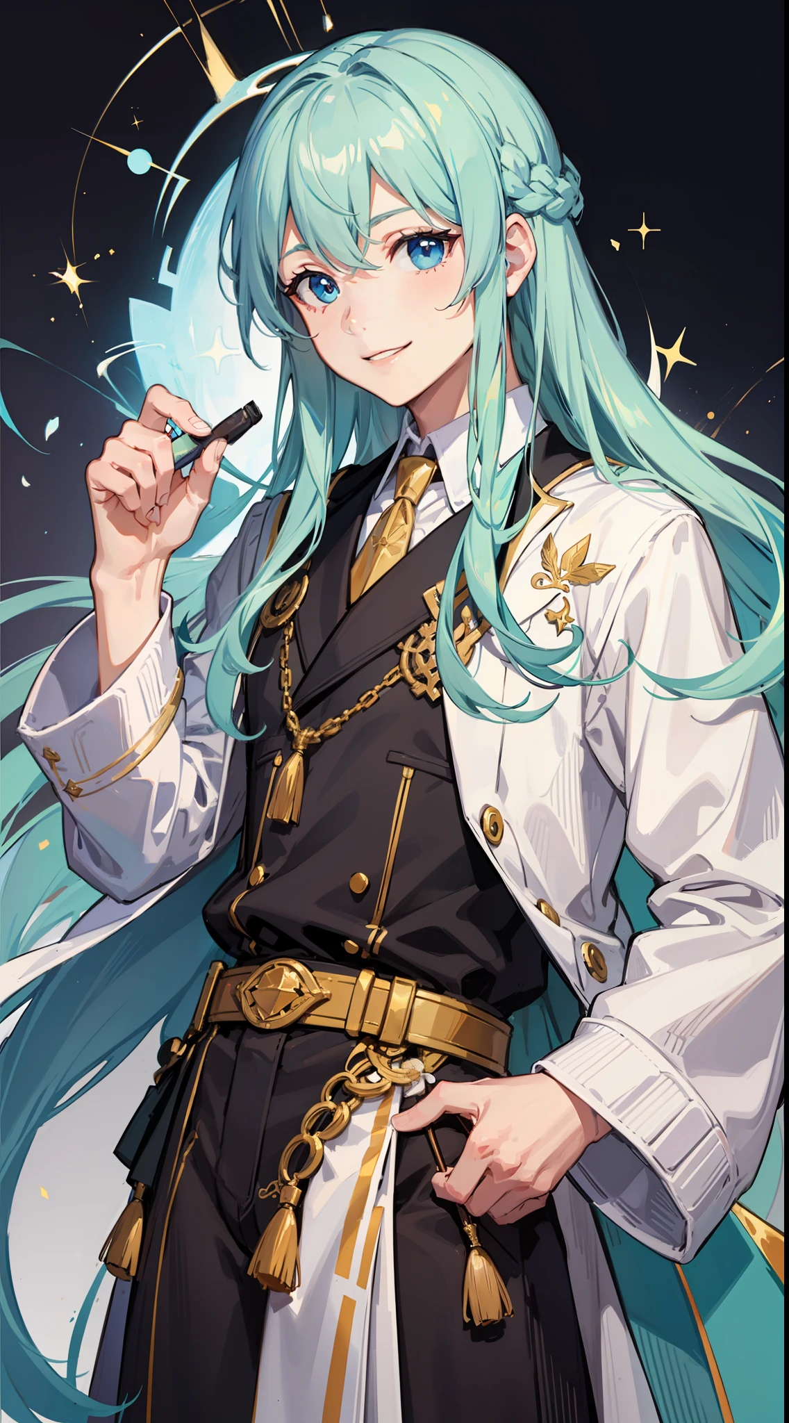 Young boy, long aquamarine hair, blue eyes, white artist robes, smile, brush, masterpiece, high quality