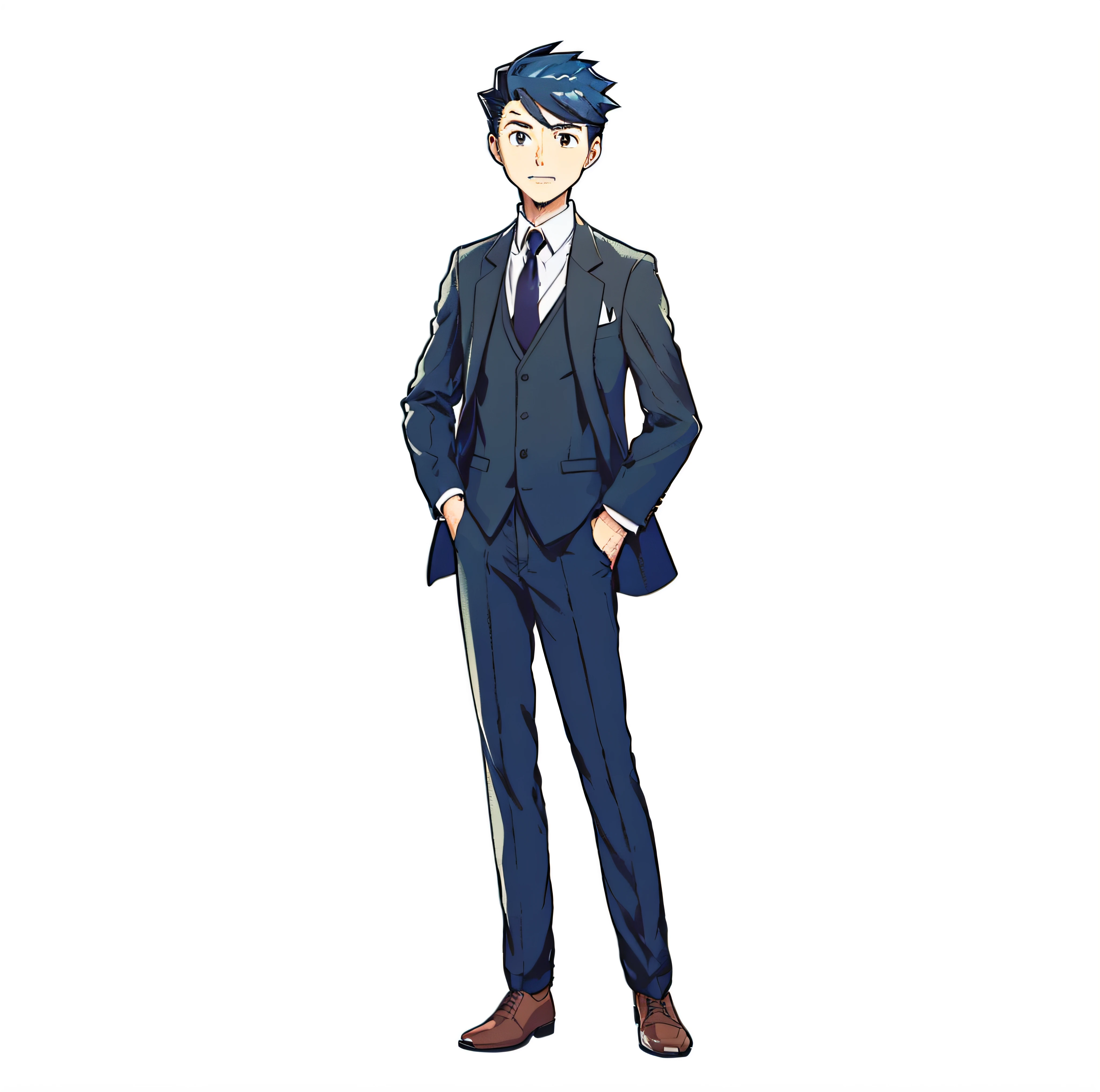 a close up of a person in a suit and tie, official character art, he is wearing a suit, in a strict suit, ace attorney style, single character full body, phoenix wright, kentaro miura art style, in phoenix wright ace attorney, in strict suit, in a suit, character full body portrait, full body single character, in his suit
