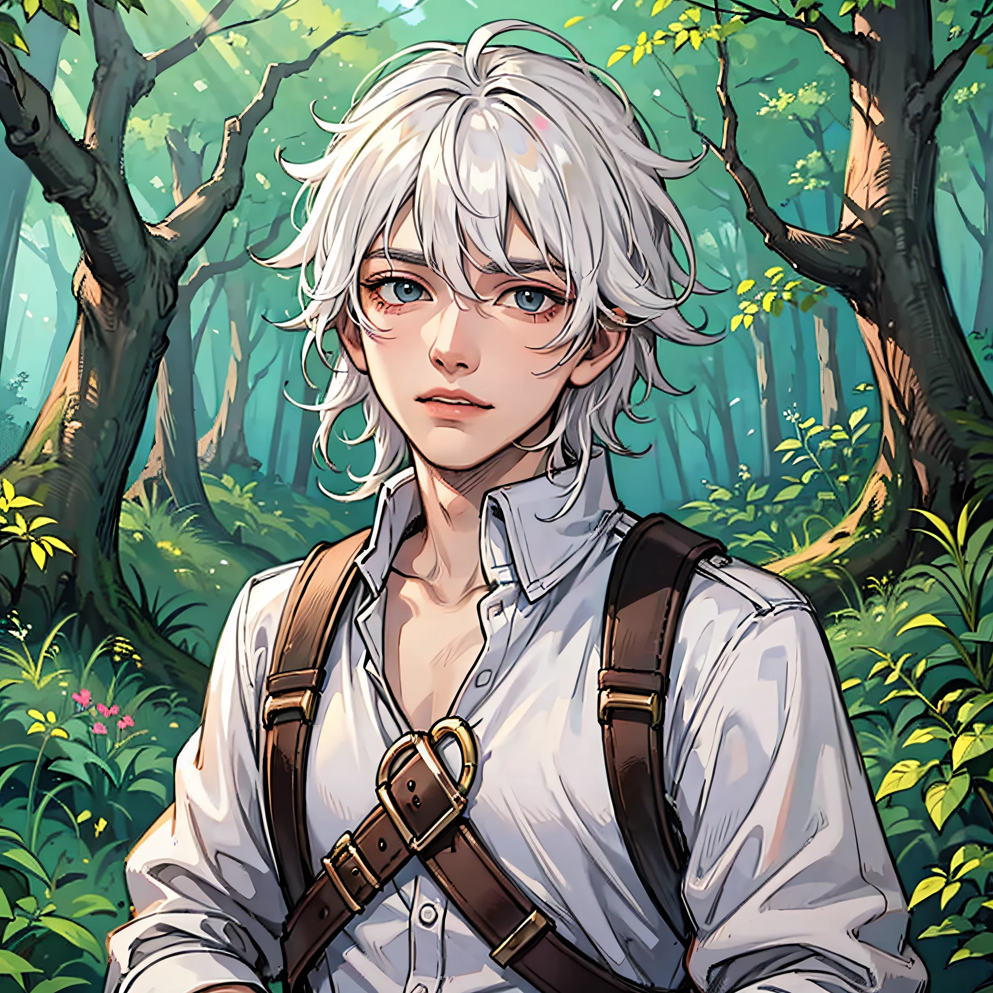 A boy with white hair, in the forest