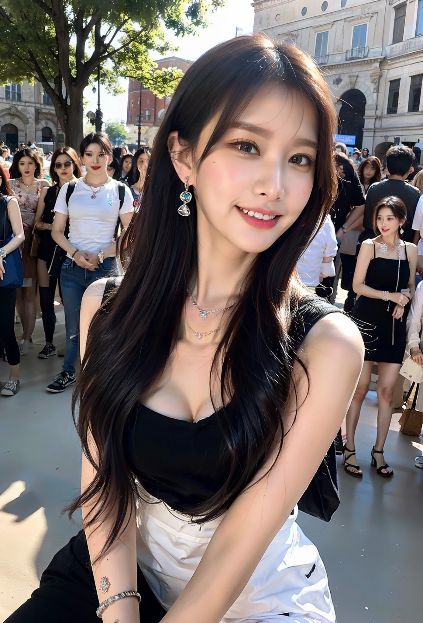 (nature:1.9),1girl,full body,black hair,very long hair,grin,sexy,dynamic angle,dynamic pose,outdoors,(Piazza dei Miracoli background,crowd,crowd),High color saturation,Color saturation,(jewelry:1.9),putting on jewelry, Warm light,Warm light,
ray tracing,cinematic lighting,(raw photo:1.2), (photorealistic:1.4), absurdres, incredibly absurdres, huge filesize , ultra-detailed, highres, extremely detailed,best quality ,masterpiece, illustration, an extremely delicate and beautiful, extremely detailed ,CG ,unity ,8k wallpaper, Amazing, finely detail, masterpiece,best quality, pureerosface_v1,