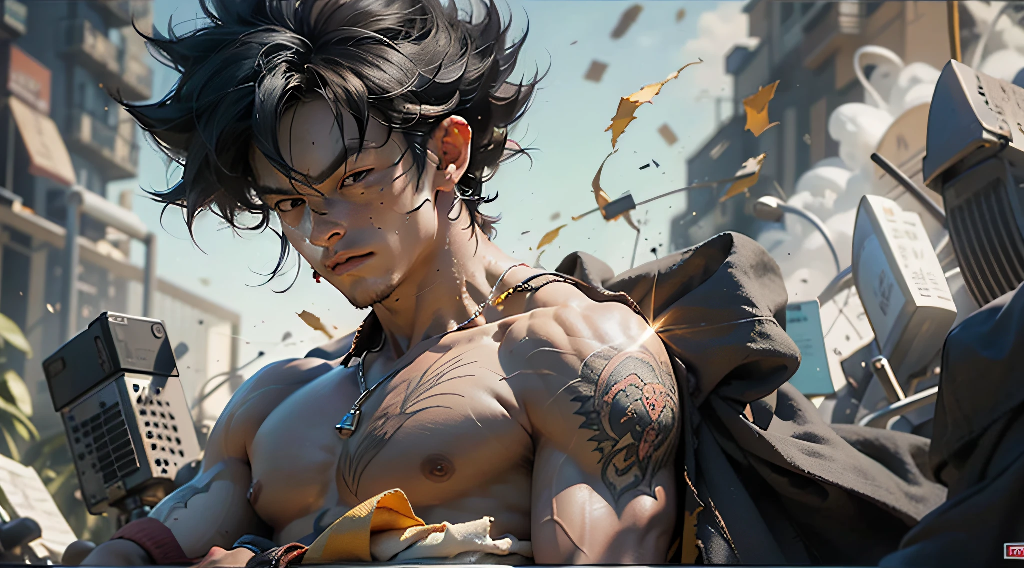 son goku, 1boy, closed mouth, male focus, muscular, muscular male, rock, sash, serious, solo, spiked hair, topless male, torn clothes, ultra instinct, black eyes, black hair, ((masterpiece))