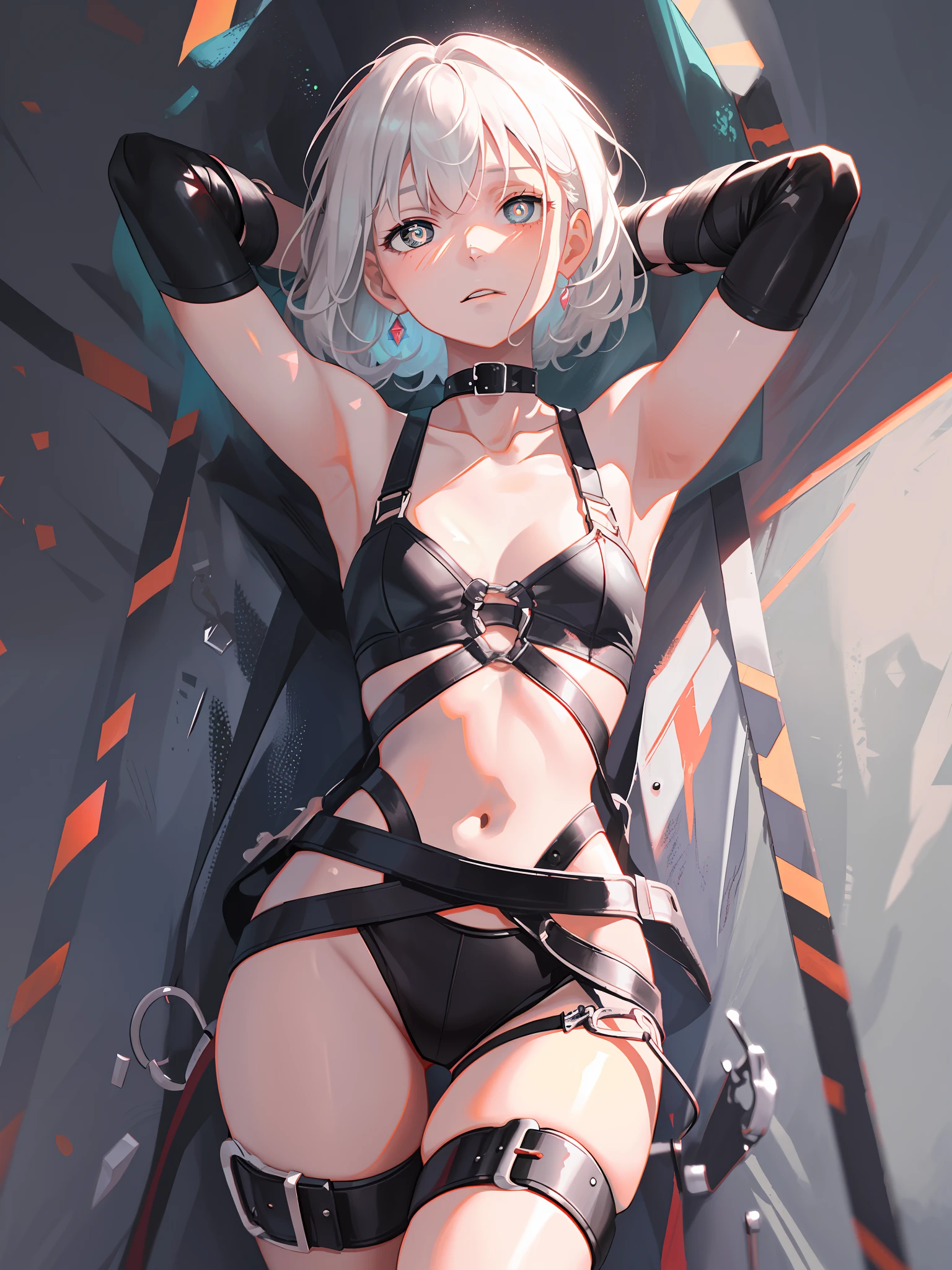 Best Quality, Masterpiece, High Resolution, 1Girl, Bound Arms, Bound Legs, Boundage, BDSM, Split Legs, Fear, Slender, Collarbone, Groin, Small Pupils, White Hair, Gray Eyes