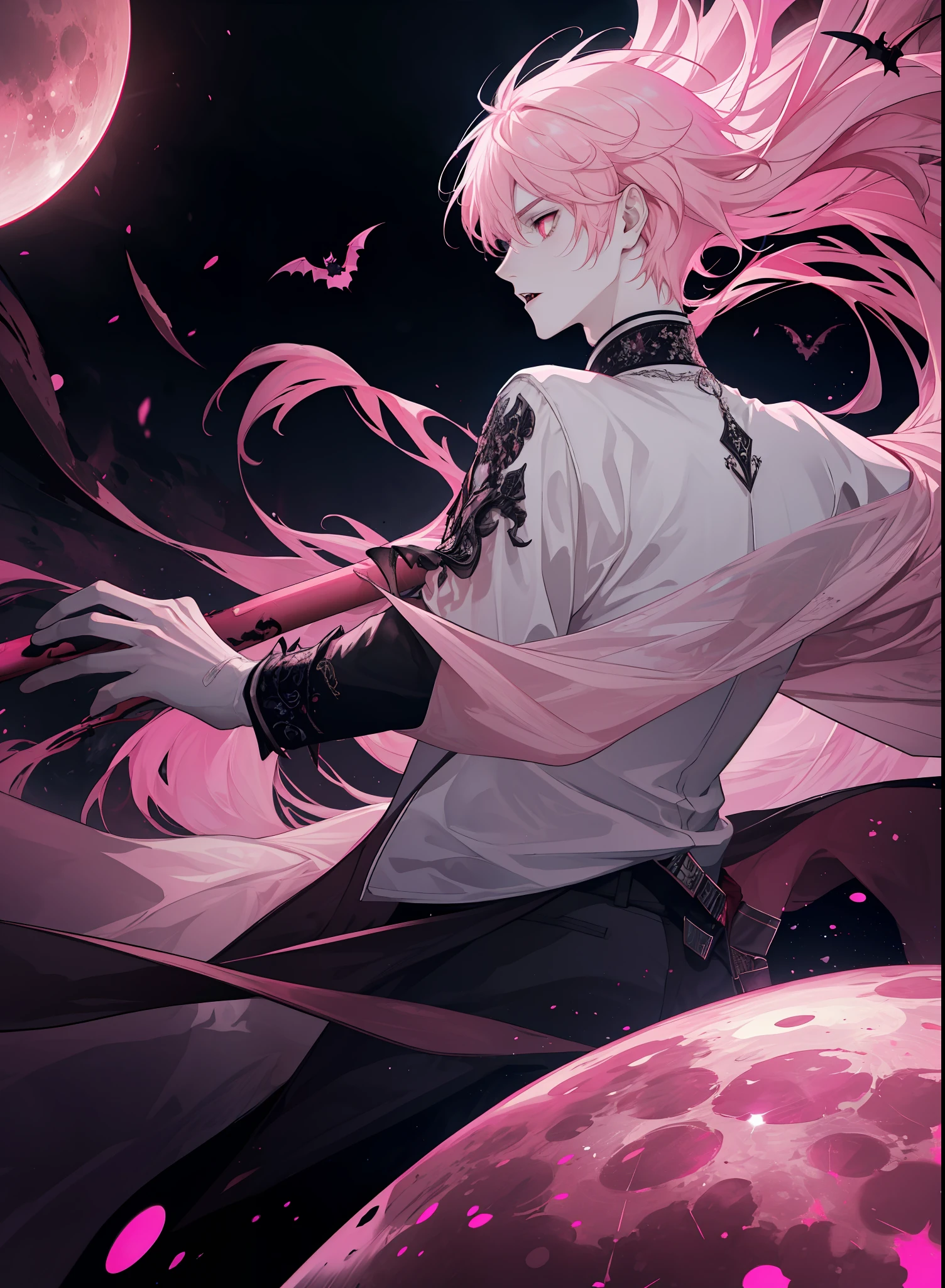 Absurdres, intricate details, masterpiece, best quality, ultra high res, 8k, 1boy, adult male, tall height, short length pale pink color hair, vampire, pink bats, glowing pink moon, battle, pink blood splatter, fighting, dark magic particles, pov