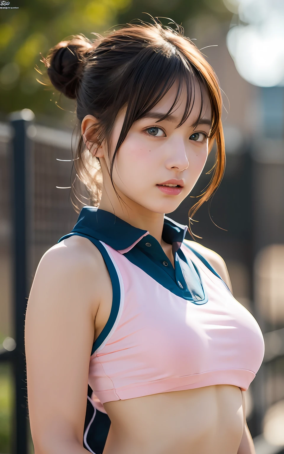 Highly detailed CG Unity 8k wallpaper, top quality, super detailed, masterpiece, realistic, photo realistic, very detailed cute girl, 25 years old, blush,, round eyes, medium breasts, looking viewer, half body shot , tennis uniform , bun_head