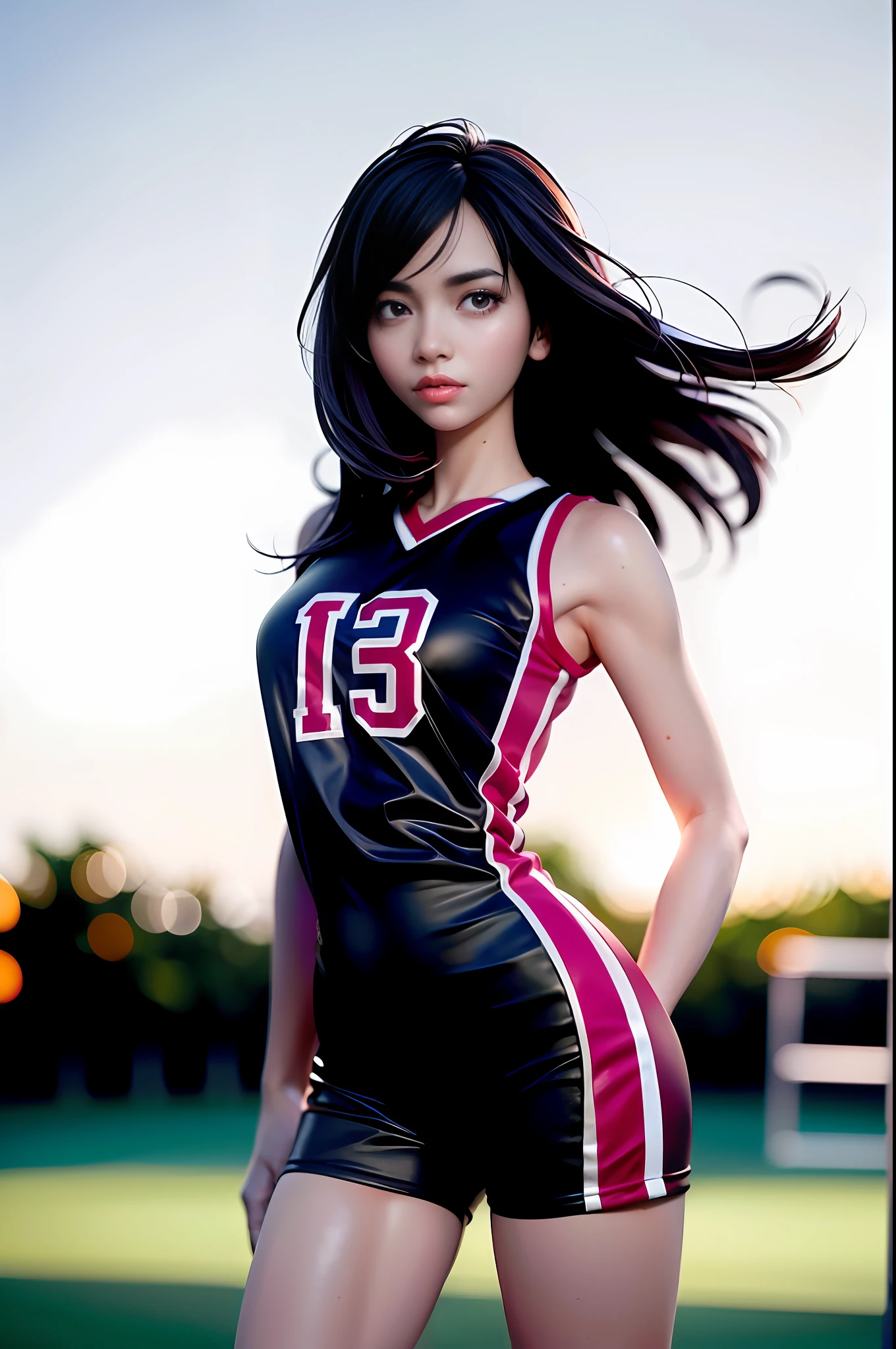 (8k, Best Quality, Masterpiece: 1.2), (Realistic, Photorealistic: 1.37), Super Detailed, Best Quality, Super High Resolution, Professional Lighting, Photon Mapping, Radiosity, Physically Based Rendering, Cinematic Lighting , basketball court, depth of field, focus, sun rays, good composition, (bokeh: 1.2), 1 girl, (whole body), (closed mouth), beautiful eyes, pose, constriction, basketball uniform, black hair , messy hair, long hair blowing in the wind,(ulzzang-6500:1.2) mix4, hiqcgbody