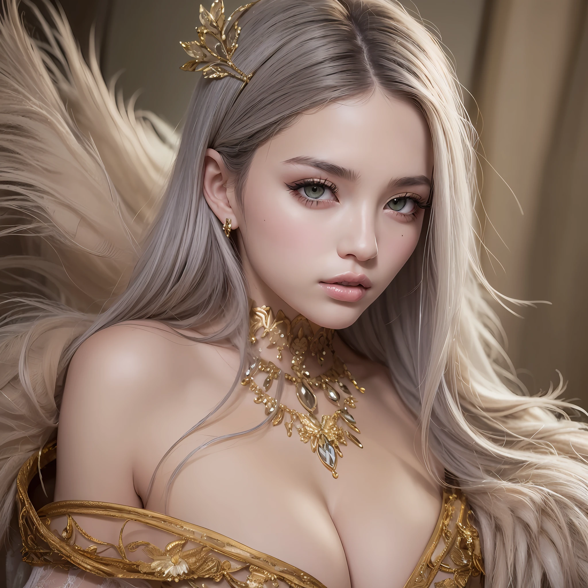 Super beautiful woman, mysterious beauty, light gray flowing layered shoulder-length hair, bright gold sharp slit eyes, seductive appearance, sexy pose, huge breasts, slender whole body, covered with fluffy feather rug, portrait, high resolution, highest quality, super high quality, super detail, ultra realistic, photorealistic