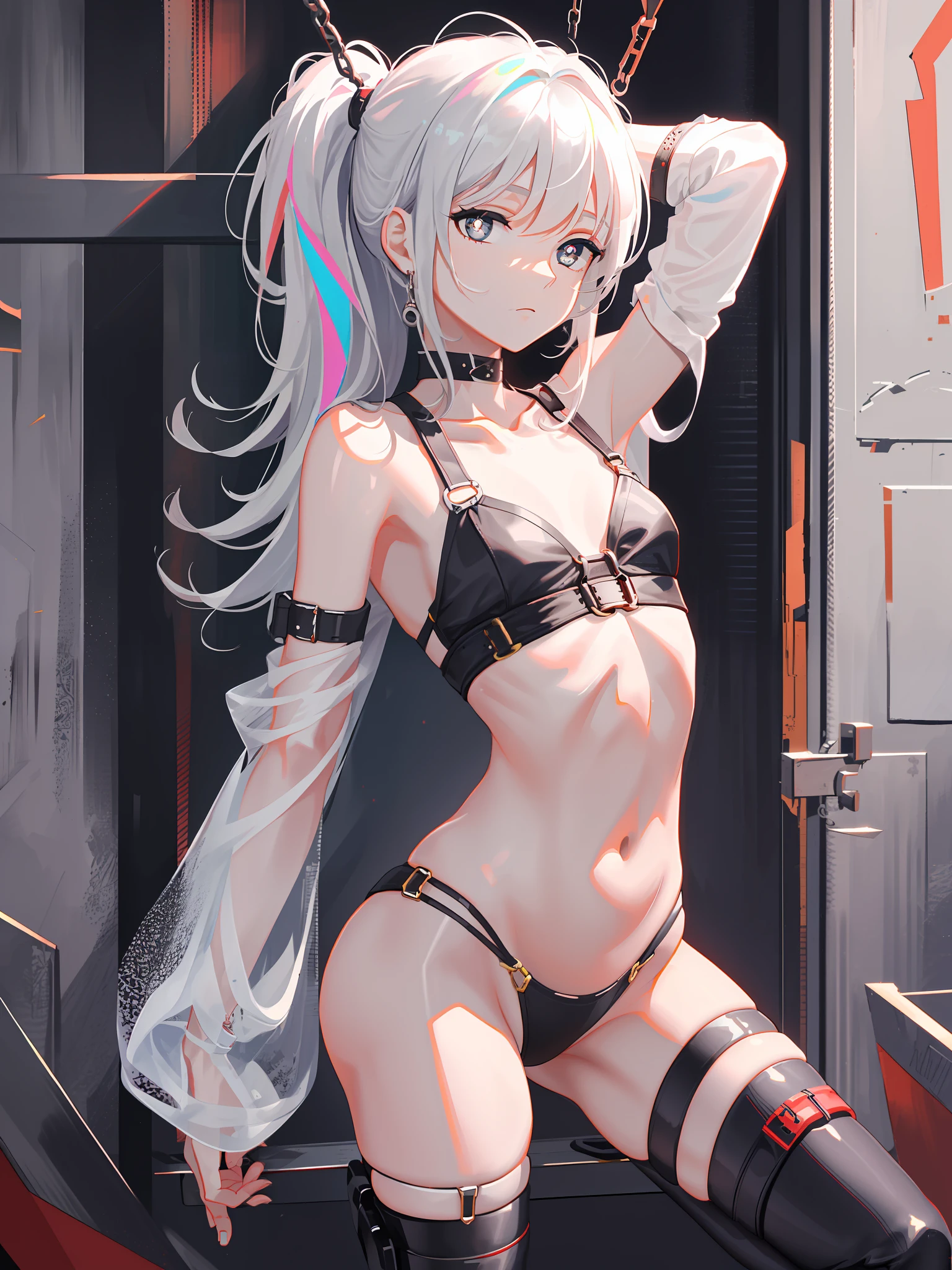 Best Quality, Masterpiece, High Resolution, 1Girl, Bound Arms, Bound Legs, Boundage, BDSM, Split Legs, Fear, Slender, Collarbone, Groin, Small Pupils, White Hair, Gray Eyes