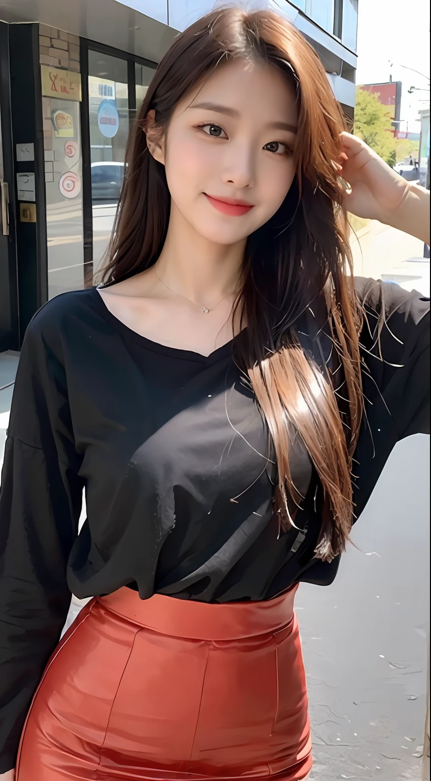 (1 Korean star with royal sister style), ((best quality, 8k, masterpiece: 1.3)), (slender body: 1.3), focus: 1.2, perfect body beauty: 1.4, (smile), (street: 1.3), highly detailed face and skin texture, fine eyes, double eyelids, whitened skin, (black straight face: 1.3), (round face: 1.5), (big red skirt: 1.4),