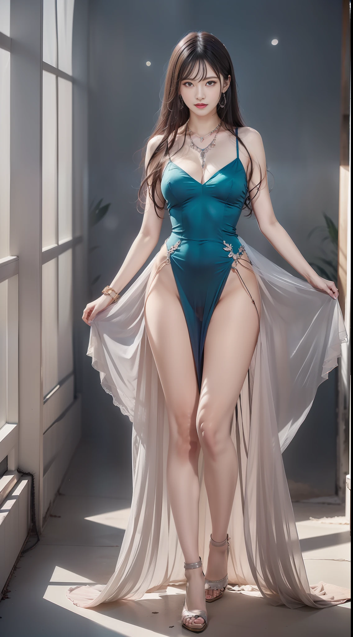 High contrast, (8K wallpaper: 1.3), realistic, octane rendering, realistic, (realistic face: 1.2), sharp focus, full body, (light pink and light sky blue style: 1.2), (masterpiece), (best quality), (mirror illumination: 1.5), light on the face, (1 girl, 18 years old, flowing long hair: 1.3, very high), noble gorgeous, real, skinny, Chinese model, lilac evening dress, crystal necklace, gorgeous fabric, diamond earrings, metal bracelet, Atmospheric walking pose, red lips, white stockings, lighting effects, shining light, blue sky, desert, (gorgeous:1.2), (elegant:1.1), (confident:1.1)