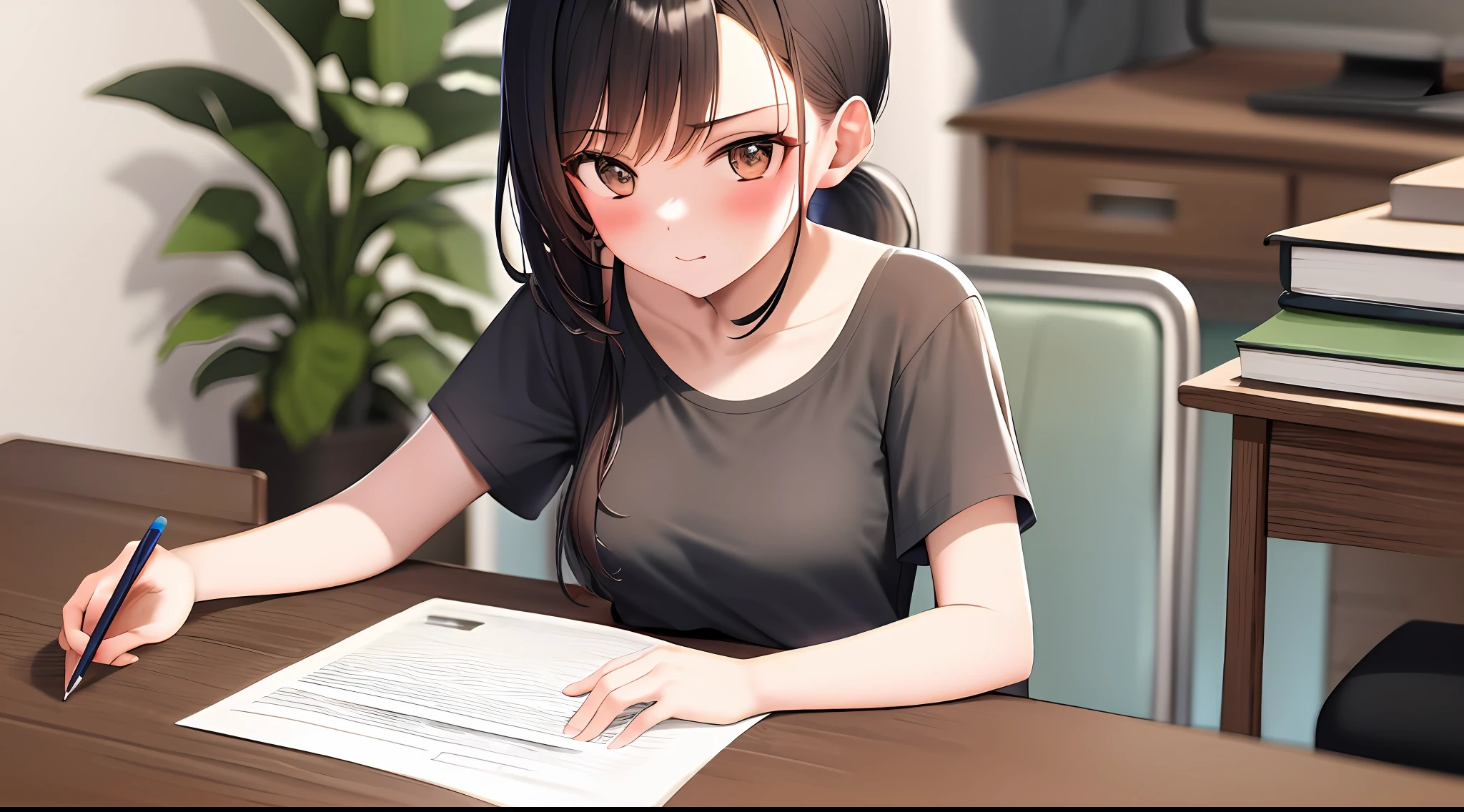 masterpiece, Best quality, High resolution, One girl, loose t-shirt, girl sitting on chair studying drafting at desk, horizontal angle, serious study, paperwork, good luck studying, drafting, beauty, cute, ponytail, healing
