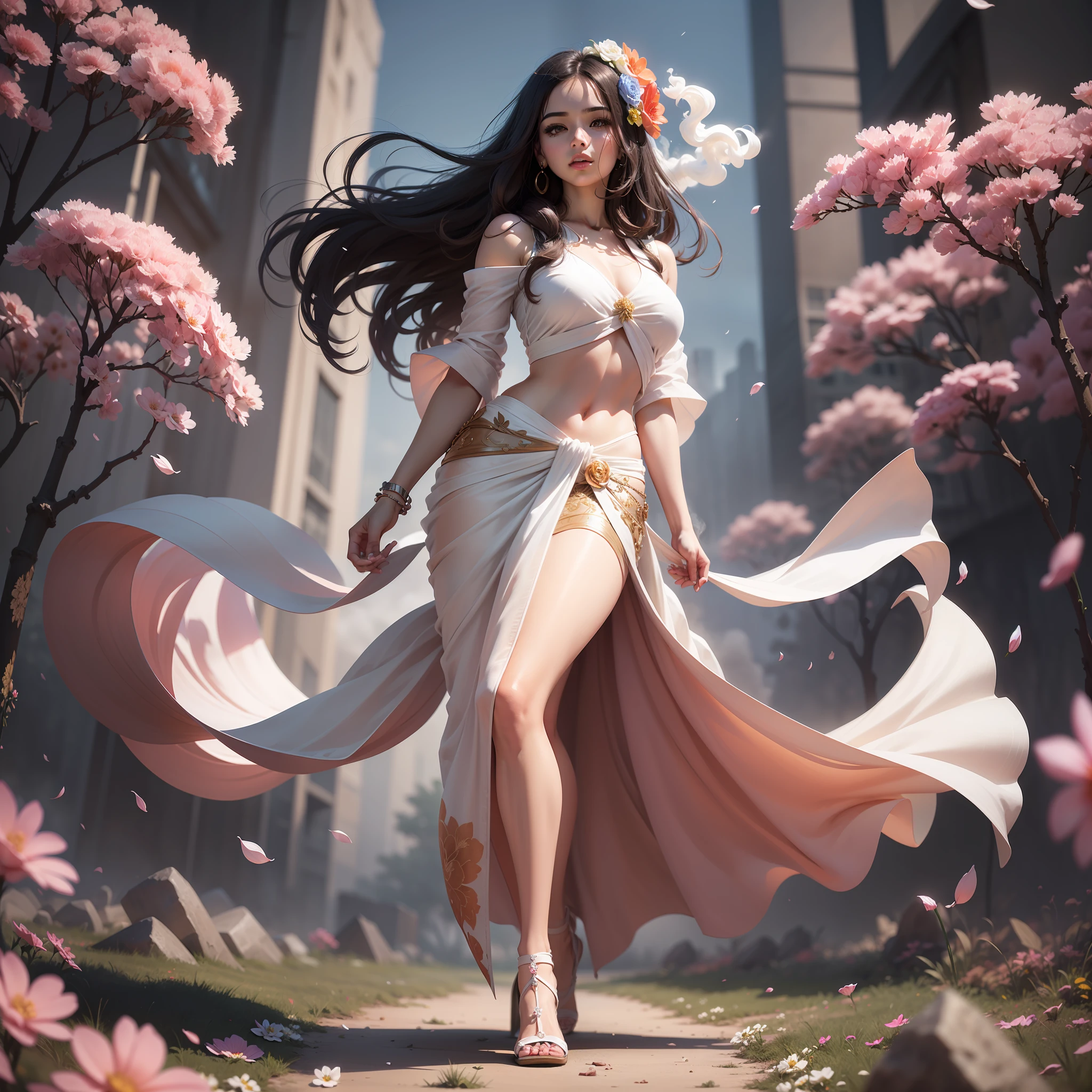 1girl in Saree and Blouse, (full body) solo, flower field, blossom, (white smokes:1.3) (photorealistic:1.4), official art, unity 8k wallpaper, ultra-detailed, beautiful and aesthetic, masterpiece, best quality, (dynamic angle:1.4), glowing skin, (floating colorful sparkles:1) the most beautiful form of chaos, elegant, a brutalist designed, vivid colors, romanticism depth of field,