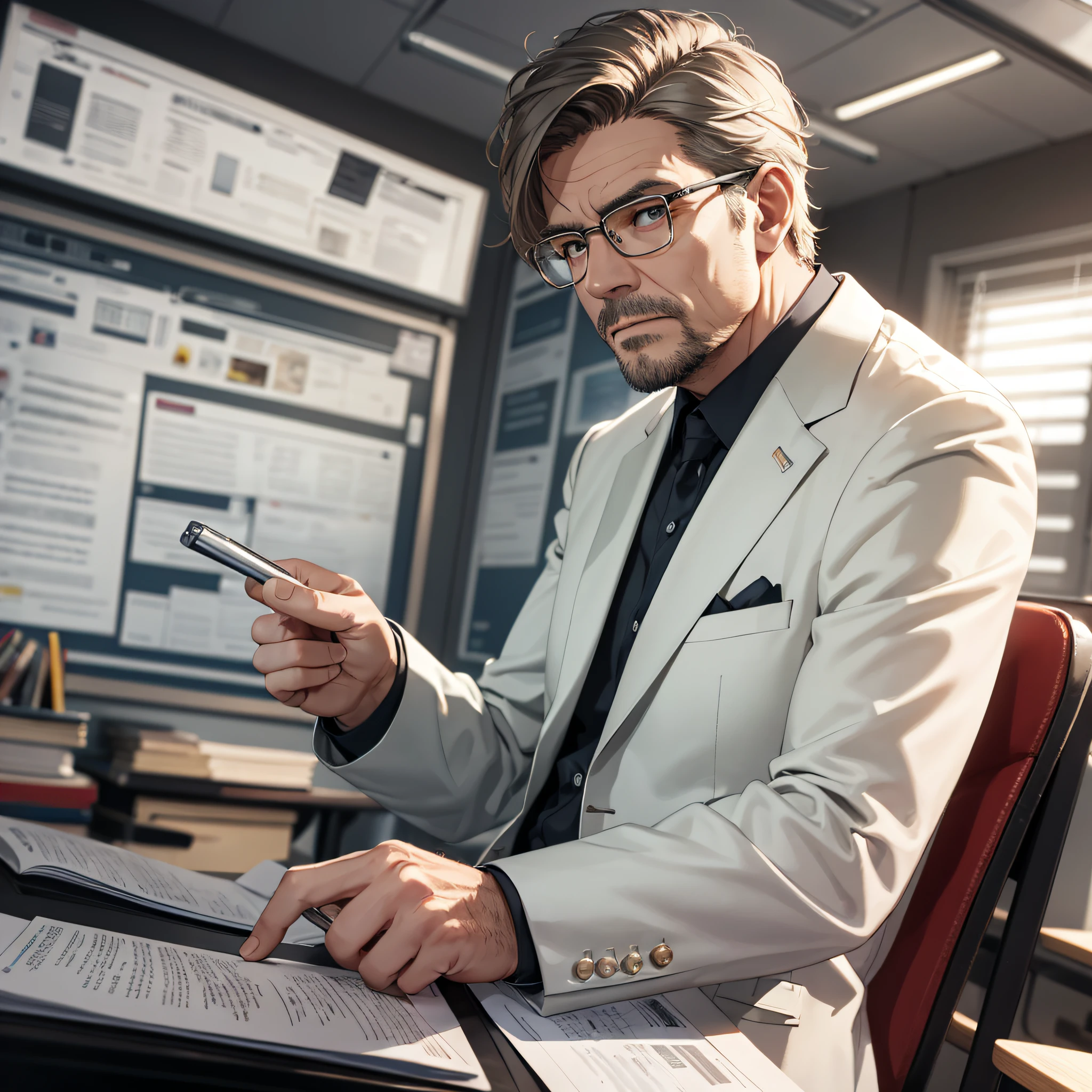 Ridiculous resolution, high resolution, (masterpiece: 1.4), hyper-detailed, middle-aged male teacher, white suit, teacher office sitting, serious expression