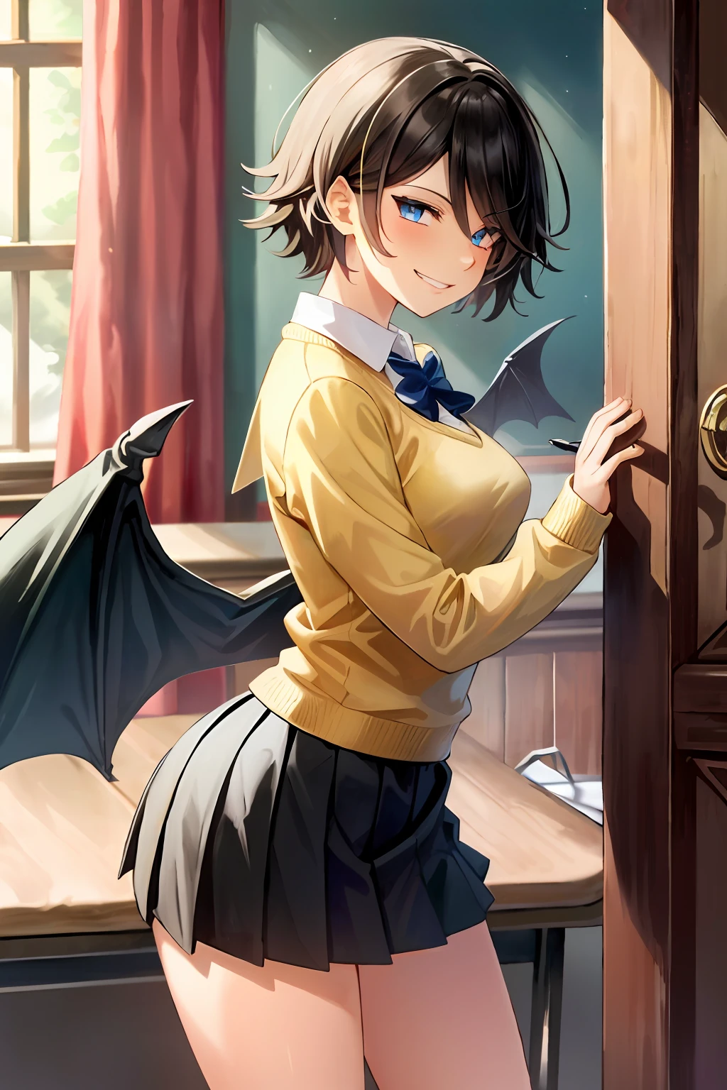 masterpiece, top quality, high resolution, masterpiece, adult woman, single, yellow sweater, long sleeve sweater, pleated miniskirt, black miniskirt, short hair, evil smile, golden hair, bat wings, evil smile, evil plan, school uniform, uniform, blue eyes, prison, indoor