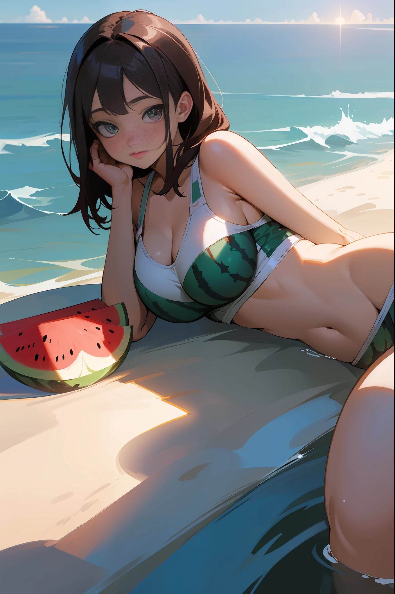 Masterpiece, super high quality, super detail, perfect drawing, solo, beautiful girl, bbw: (1.5), competition swimsuit + (watermelon: 1.4), round big buttocks, sea bathing, white sand, beautiful landscape, sunlight, natural light, sparkling water surface,